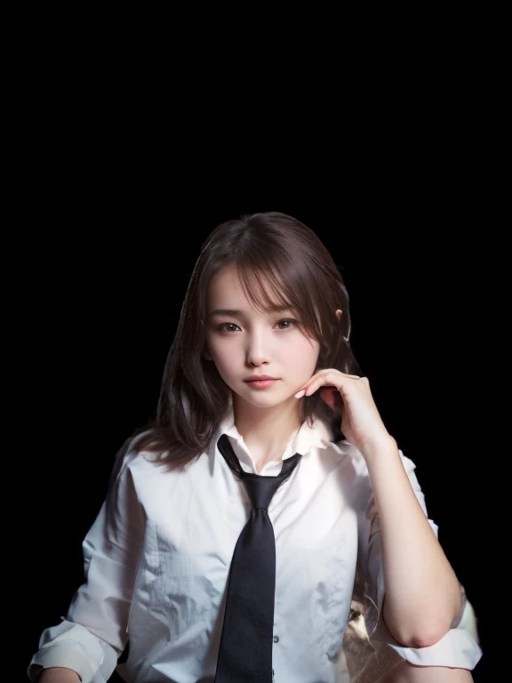 1 girl, short body, black eyes, white skin, short hair, wearing a suit, sitting, beautiful girl