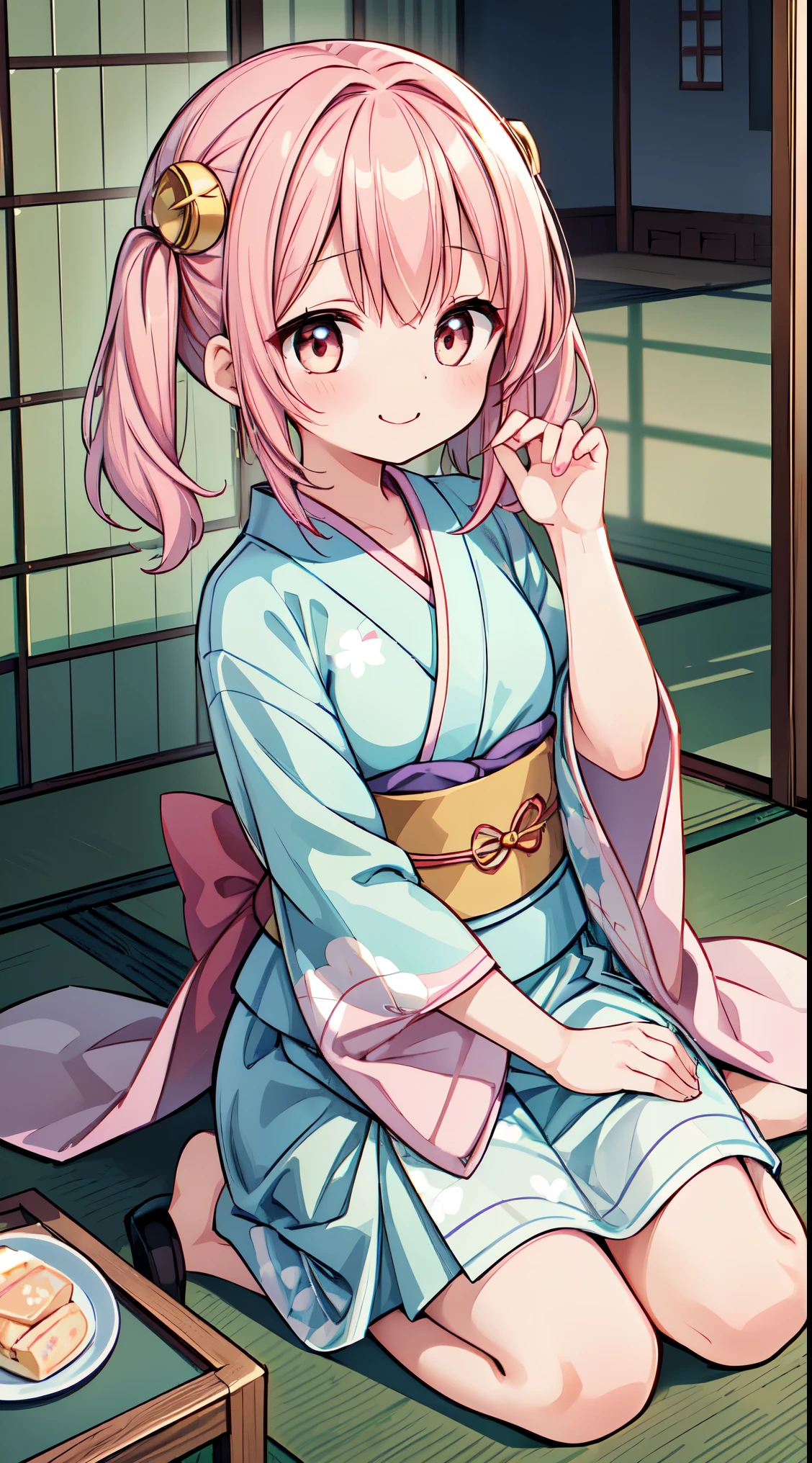 (masterpiece, top quality, best quality, official art, beautiful and aesthetic:1.2),ultra-detailed,intricate details,amazing illustration,award-winning art,atmospheric,
BREAK, 1 beautiful girl, Solo,(Cute:1.5),(Chibi:0.8), (kawaii:1.5),(Lori:0.5), BREAK, (girl, Cute, Cheerful, face, medium breasts:1.2),(Pink hair,disheveled short twin tails,tareme,Gold eyes:1.45),gleaming skin,Clear skin, cleavage of the breast,Beautiful , gleaming skin,Clear skin, Beautiful skin,( A smile:1.5),(best quality face), sleepy, closed mouth, light smile , BREAK,
sitting, seiza, (green tea:1.2), (chasen, chado, sado, yunomi, chaki:1.3),centered, looking at viewer, hands on stomach
BREAK japanese clothes, kimono, flower printed kimono, long skirt
BREAK japanese room, tatami, shou BREAK,wakame,wakame,wakame,(Cowboy Shot:1.4),
BREAK,(Blurry background:1.3),(absurderes, hight resolution, Super Detail Art),cel shading,Clear Color, Lonely optical effect, Beautiful pictures, Bright glow, mystic atmosphere,(Close-up of girl:1.1), Mystical light particle effect,manga influence, clean line drawings,