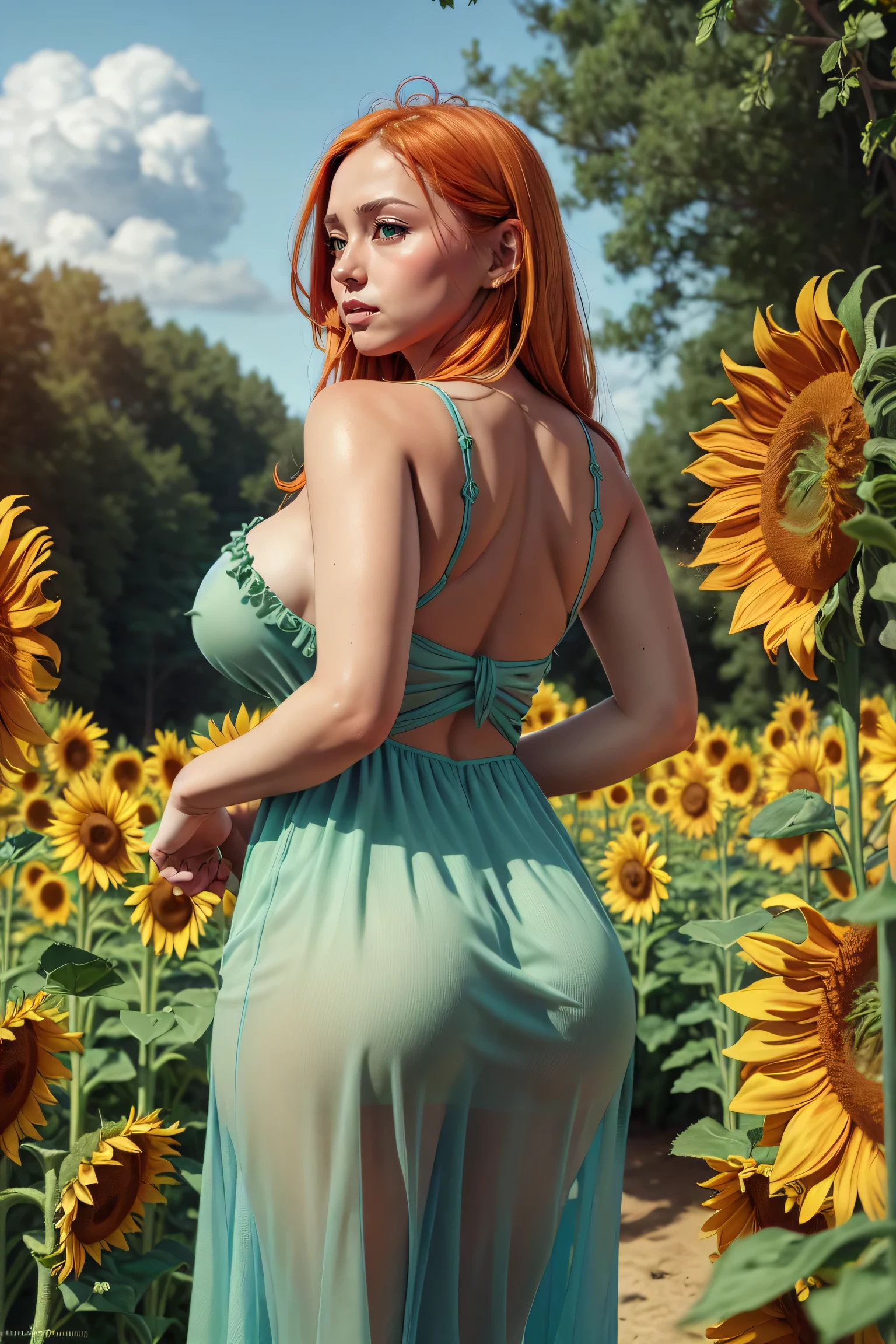 1girl, solo, long hair, orange hair, green eyes, big breast, fat hips, looking back, sundress, sunflower, field,, masterpiece, best quality, highly detailed