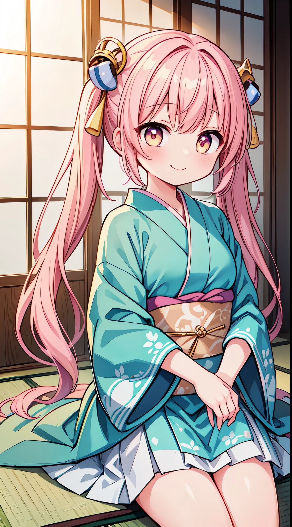 (masterpiece, top quality, best quality, official art, beautiful and aesthetic:1.2),ultra-detailed,intricate details,amazing illustration,award-winning art,atmospheric,
BREAK, 1 beautiful girl, Solo,(Cute:1.5),(Chibi:0.8), (kawaii:1.5),(Lori:0.5), BREAK, (girl, Cute, Cheerful, face, medium breasts:1.2),(Pink hair,disheveled short twin tails,tareme,Gold eyes:1.45),gleaming skin,Clear skin, cleavage of the breast,Beautiful , gleaming skin,Clear skin, Beautiful skin,( A smile:1.5),(best quality face), sleepy, closed mouth, light smile , BREAK,
sitting, seiza, (green tea:1.2), (chasen, chado, sado, yunomi, chaki:1.3),centered, looking at viewer, hands on stomach
BREAK japanese clothes, kimono, flower printed kimono, long skirt
BREAK japanese room, tatami, shou BREAK,wakame,wakame,wakame,(Cowboy Shot:1.4),
BREAK,(Blurry background:1.3),(absurderes, hight resolution, Super Detail Art),cel shading,Clear Color, Lonely optical effect, Beautiful pictures, Bright glow, mystic atmosphere,(Close-up of girl:1.1), Mystical light particle effect,manga influence, clean line drawings,