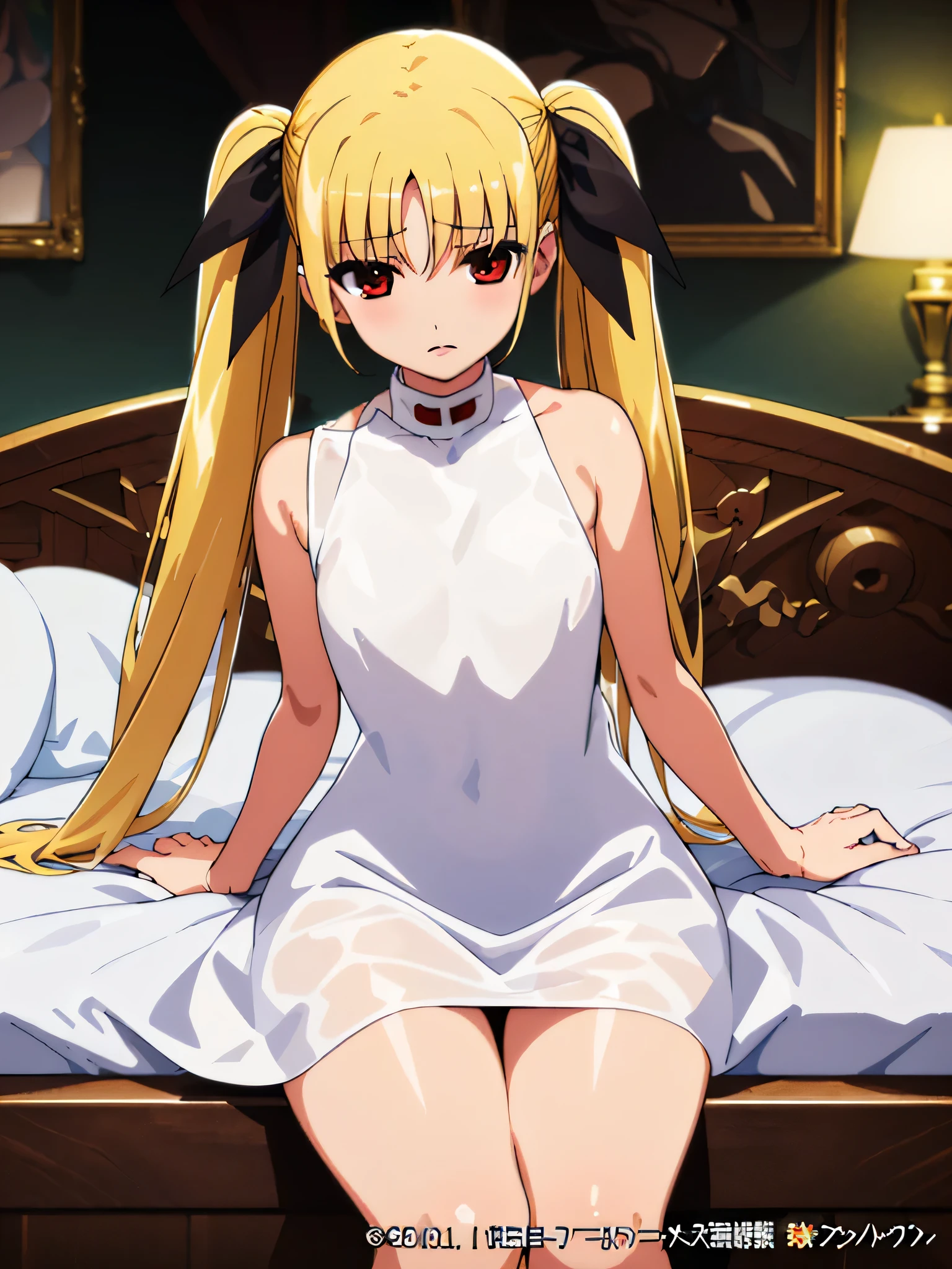 NSFW , make a testarossa , (((masterpiece:1.3))), (((best quality:1.3))) , (((pixel perfect:1.3))) , (((Perfection in every detail:1.3))) , (((High resolution:1.3))) , (((sleeveless slim party dress))) , 1 girl, blonde hair , twin tails, red eyes , black ribbon , lips, shut, Yui, lips, abdomen, Baezon, logic , (((empty eyes))) , (((Expressionless))) , (((official art))) , (((bedroom)))