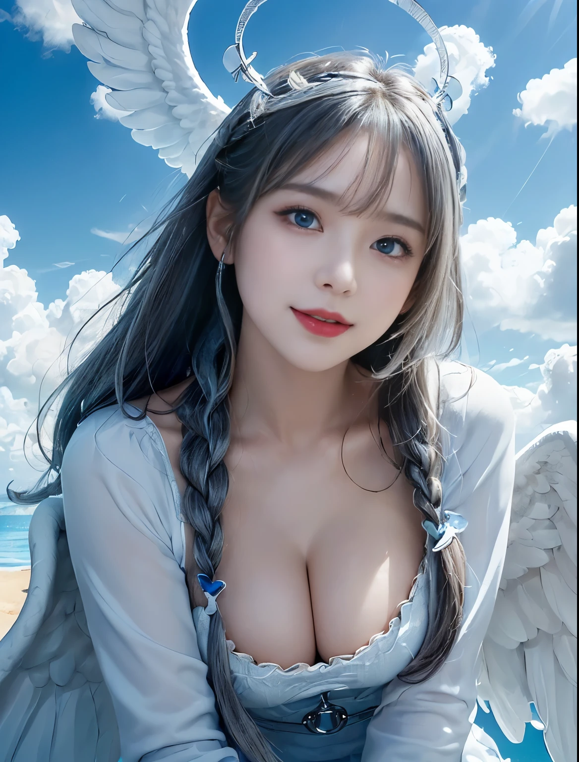 ((Only blue sky and clouds on background:1.8))、((sky ring of angels above your head:1.8))、((Stand on the clouds:1.5))、((cowboy shot:1.5))、((bangs:1.6))、((Photo from below:1.2))、((1 girl:1.8))、((solo:1.8))、break((slender body:1.2))、((Moderate:1.2,Cleavage 1.2)),break(Wearing a white fur coat:1.5,white tight mesh dress:1.5),break(large white angel wings on the back:1.5)、((Stand on the cloudsポーズ:1.5))、Photo from the front:1.5、8k wallpaper、Super high resolution,break((photorealistic stick:1.4)),table top,highest quality,perfect lighting,detailed lighting,dramatic light and shadow,ray tracing,break(perfect anatomy:1.4)、((looking at the viewer))、detailed face、detailed eye、detailed clavicle、skin that looks real、break(20-year-old)、((laughter:1.1))、((Silver semi-long:1.5,Braiding the head:1.3))、(aqua blue eyes、eyeliner、red lips)