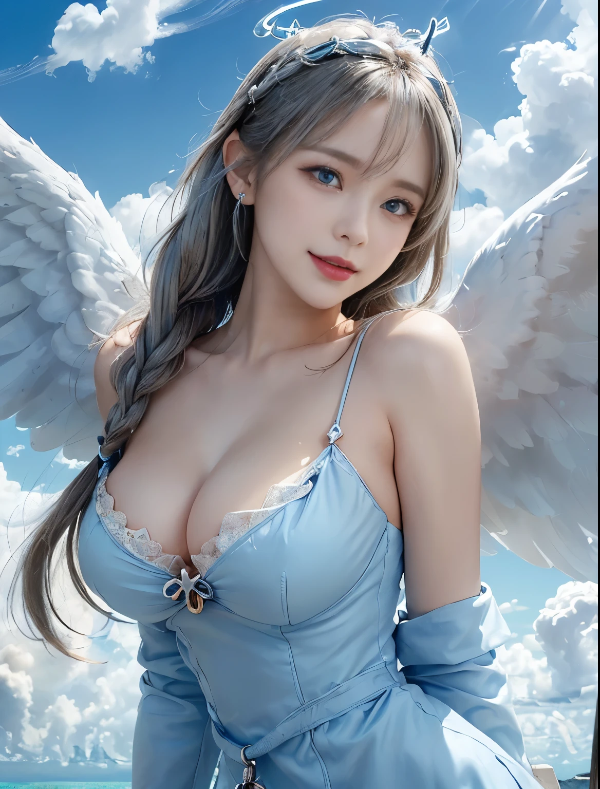 ((Only blue sky and clouds on background:1.8))、((sky ring of angels above your head:1.8))、((Stand on the clouds:1.5))、((cowboy shot:1.5))、((bangs:1.6))、((Photo from below:1.2))、((1 girl:1.8))、((solo:1.8))、break((slender body:1.2))、((Moderate:1.2,Cleavage 1.2)),break(Wearing a white fur coat:1.5,white tight mesh dress:1.5),break(large white angel wings on the back:1.5)、((Stand on the cloudsポーズ:1.5))、Photo from the front:1.5、8k wallpaper、Super high resolution,break((photorealistic stick:1.4)),table top,highest quality,perfect lighting,detailed lighting,dramatic light and shadow,ray tracing,break(perfect anatomy:1.4)、((looking at the viewer))、detailed face、detailed eye、detailed clavicle、skin that looks real、break(20-year-old)、((laughter:1.1))、((Silver semi-long:1.5,Braiding the head:1.3))、(aqua blue eyes、eyeliner、red lips)