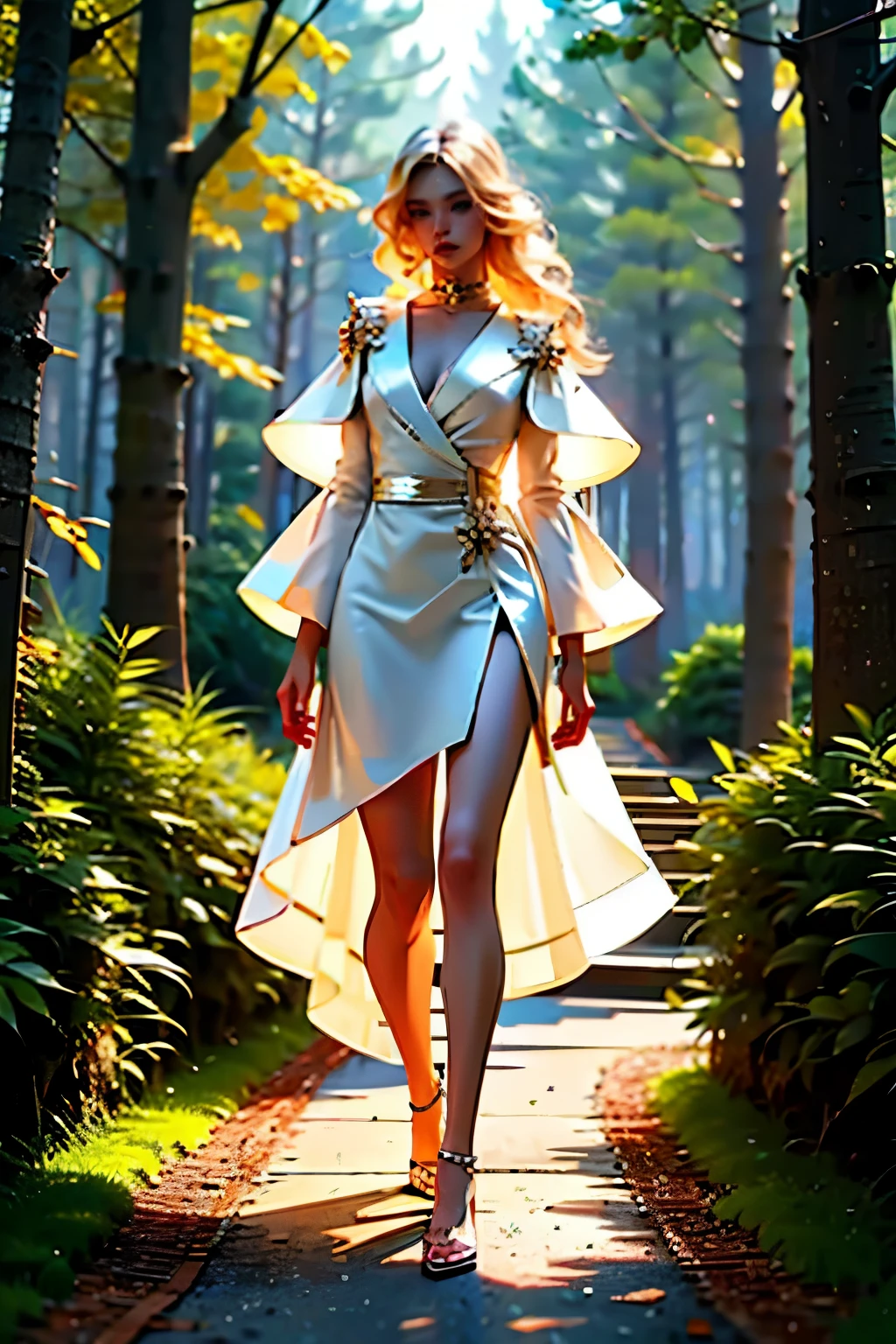 blonde model walking in forest wearing high heels