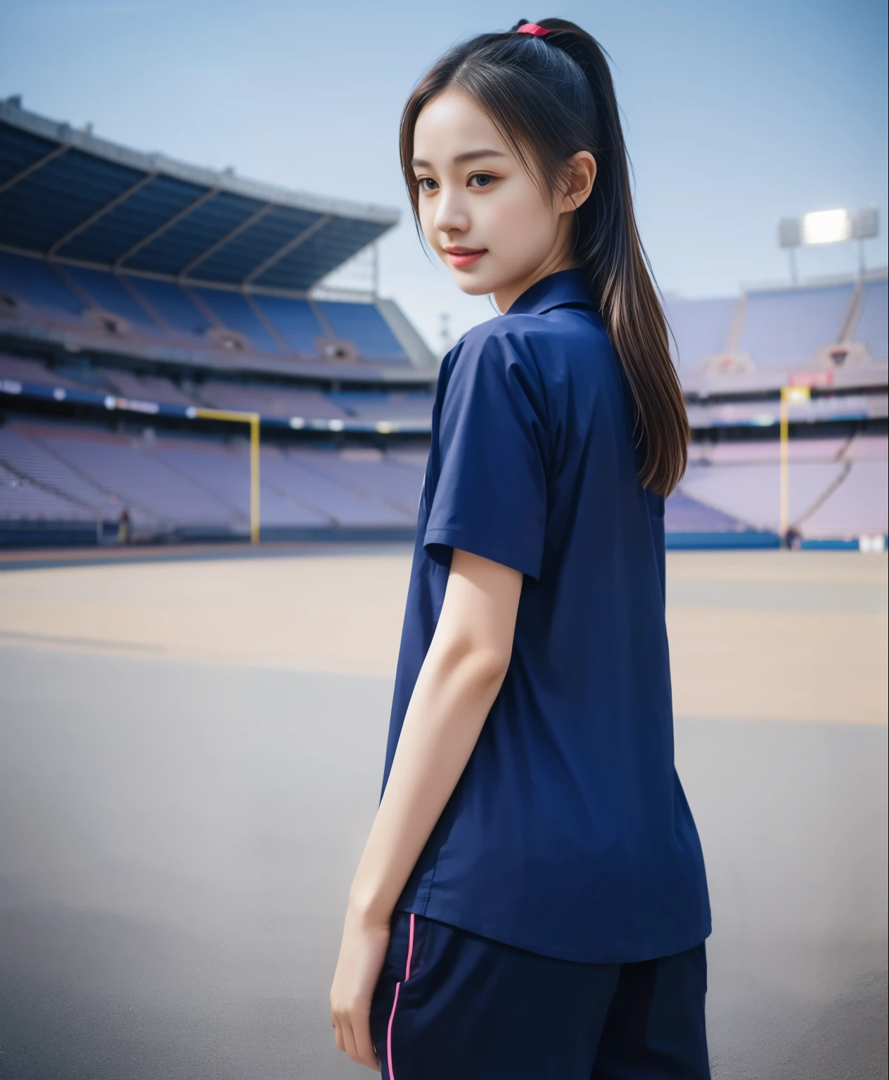 (best quality,10,10,height,Masterpiece:1.2),Very detailed,(realistic,ภาพrealistic,Realistic photos:1.37),1 cute girl on the football field,Shiny, shiny skin,only,smile softly,BDclothelue shirt:1.3)),short sleeve,shirt, กางเกงขาlong.,(navy_long_ติดตามกางเกงขาlong:1.1), ((stadium background:1.3)),Dynamic angle,excited,Face focus,dynamic poses,from behind,Focus on the ass.,Masterpiece, best quality, ultra realistic, hyper detail, 8k resolution, raw photos, Sharp focus, ((Navy blue shirt:1.1)), short sleeve, เส้นทางlong, perfect bodyแบบ, 2 mature women, 18 years old, Cinema-grade lighting,กางเกงขาlongวอร์มสีน้ําเงิน,gym wear,correct anatomy,perfect body, correct body, Sharp face, correct bodyทางกายวิภาค, full body, realistic gestures, long-haired, realistic ,ช่วงขาlong,fit,sculpted girl, Slender figure, mannequin, fit, beautiful body,Blue sweatpants, กางเกงวอร์มขาlong