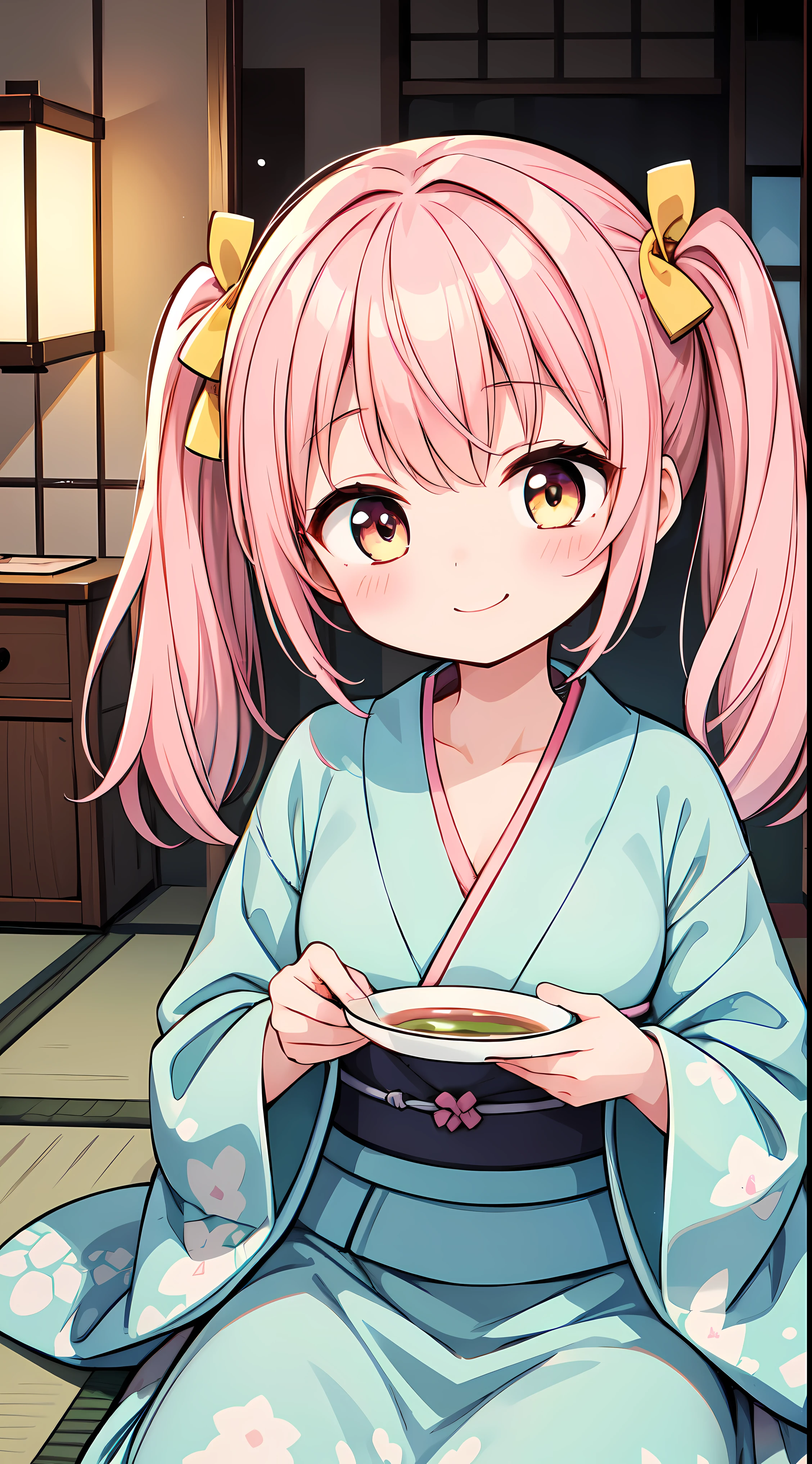 (masterpiece, highest quality, highest quality, official art, beautiful and aesthetic:1.2),super detailed,intricate details,great illustrations,award winning art,in the atmosphere,
break, 1 beautiful girl, alone,(cute:1.5),(Little:0.8), (cute:1.5),(upon:0.5), break, (girl, cute, Hilarious, face, medium breasts:1.2),(pink hair,disheveled short twin tails,we say,gold eyes:1.45),glowing skin,beautiful skin, cleavage,beautiful , glowing skin,beautiful skin, beautiful skin,( laughter:1.5),(highest quality face), sleepy, closed mouth, light smile , break,
sitting, Seiza, (green tea:1.2), (Chasen, Chad, sadistic, Yumi, chalk:1.3),Centered, looking at the viewer, hands on stomach
break japanese clothes, kimono, flower printed kimono, long skirt
break japanese room, tatami, shou break,Seaweed,Seaweed,Seaweed,(cowboy shot:1.4),
break,(blurred background:1.3),(absurd, High resolution, super detail art),cel shading,clear color, lonely optical effect, beautiful pictures, bright shine, mysterious atmosphere,(Close-up of girl:1.1), mysterious light particle effect,Manga influence, beautiful line drawing,