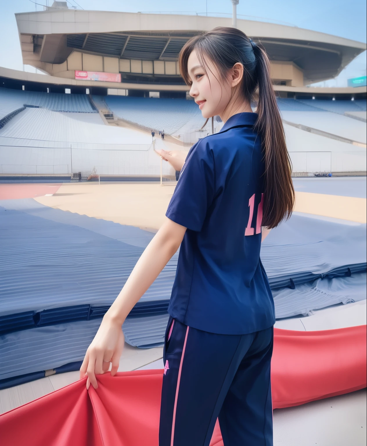 (best quality,10,10,height,Masterpiece:1.2),Very detailed,(realistic,ภาพrealistic,Realistic photos:1.37),1 cute girl on the football field,Shiny, shiny skin,only,smile softly,BDclothelue shirt:1.3)),short sleeve,shirt, กางเกงขาlong.,(navy_long_track pants:1.1), ((stadium background:1.3)),Dynamic angle,excited,Face focus,dynamic poses,from behind,Focus on the ass.,Masterpiece, best quality, ultra realistic, hyper detail, 8k resolution, raw photos, Sharp focus, ((Navy blue shirt:1.1)), short sleeve, เส้นทางlong, perfect body, 2 mature women, 18 years old, Cinema-grade lighting,Blue sweatpants,gym wear,correct anatomy,perfect body, correct body, Sharp face, correct bodyทางกายวิภาค, full body, realistic gestures, long-haired, realistic ,ช่วงขาlong,fit,sculpted girl, Slender figure, mannequin, fit, beautiful body,Blue sweatpants, กางเกงวอร์มขาlong