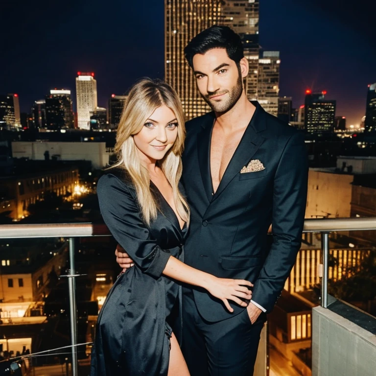 Tom Ellis and Taylor Momsen looking at eachother smiling calmly as they stand at the top of a rooftop building in Los Angeles at night, as they look into each others eyes laying on the rooftop railing. Taylor Momsen is wearing a black revelative dress, as Tom Ellis wears a black suit