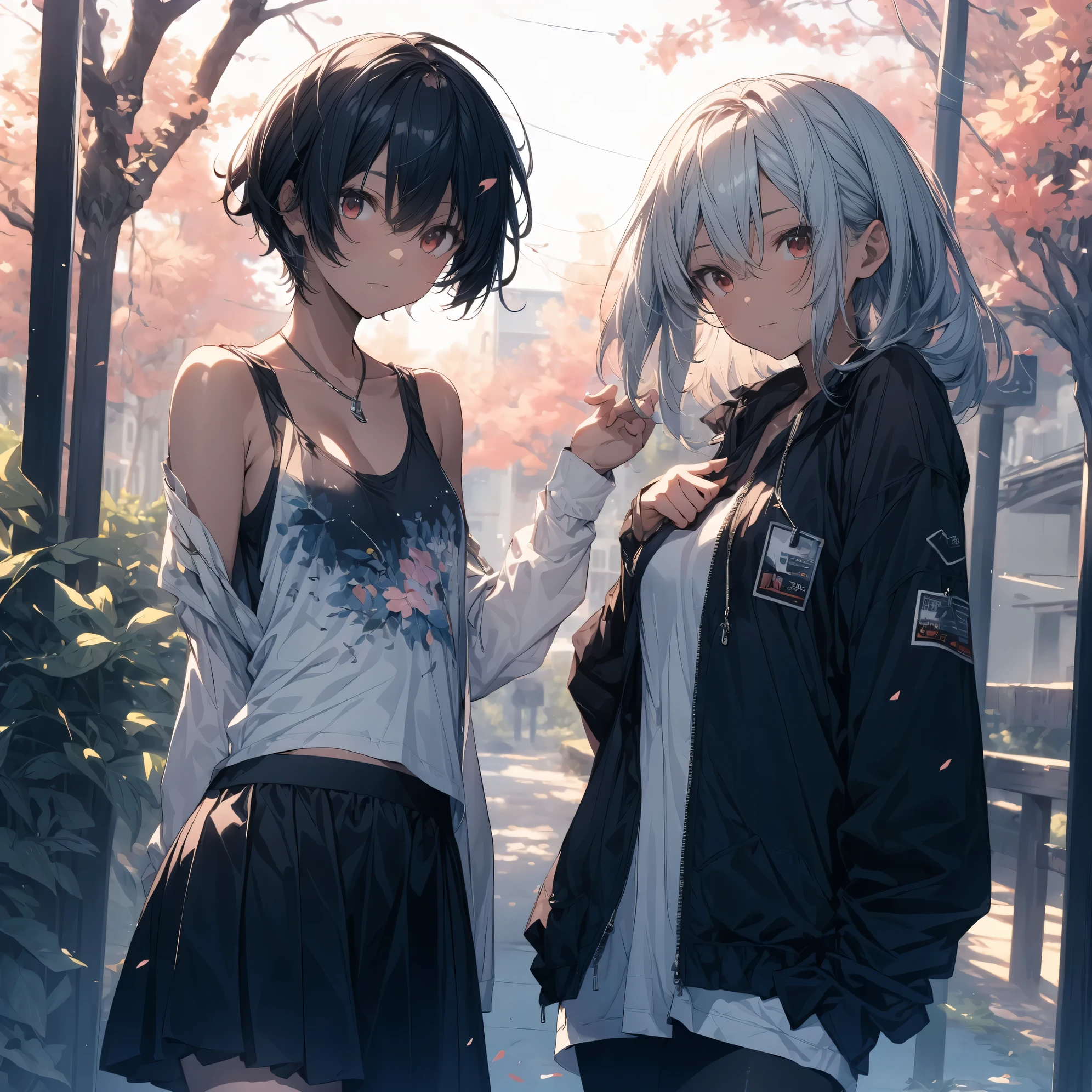 Super high quality by the art god, super detailed, High resolution, Shinkai Makoto style, anime moe art style, best anime 8K konachan wallpaper, pixiv contest winner, perfect anatomy, break,(Please draw a sleepy girl walking alone to the village.. ),break, surreal tomboy, (alone,change, 15 years old:1.3),All limbs, full finger, ((black skin)), androgynous charm, (silver hair), messy hair, Ahoge, Medium soft chest, small ass, between legs, small eyes,beautiful detailed red eyes, Well-proportioned iris and pupils, High resolutionの詳細な髪, ((white tank top, skirt:1.3)), In front of Satoyama. break,super dense skin, Best lighting by famous artists, 8K, figure,