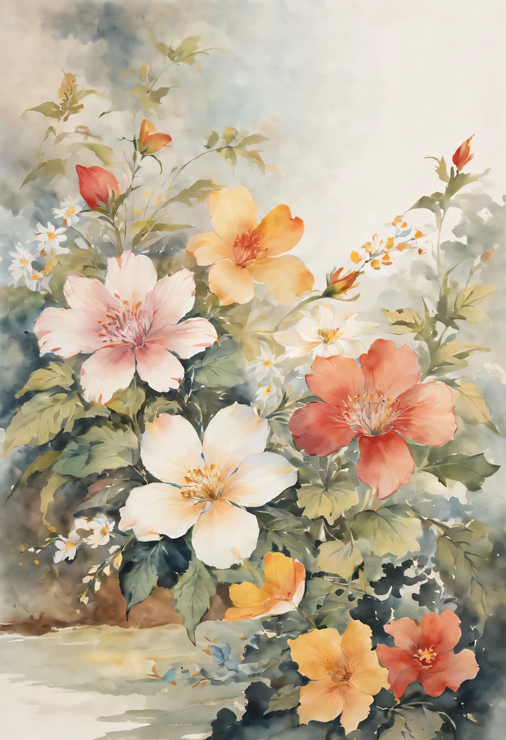 a floral watercolor painting,Highlight the characteristics and beauty of Renaissance-style watercolor art。Artwork should capture a unique quality or example of Renaissance watercolor painting, The use of light and shadow、Detailed brushwork and rich color palette。The composition includes various flowers,Each one is carefully rendered,Demonstrate personal beauty and overall harmony of the work。Detailed background,Complements the flowers,But don’t overwhelm the focus of the flowers,Express the elegance and sophistication of flowers。