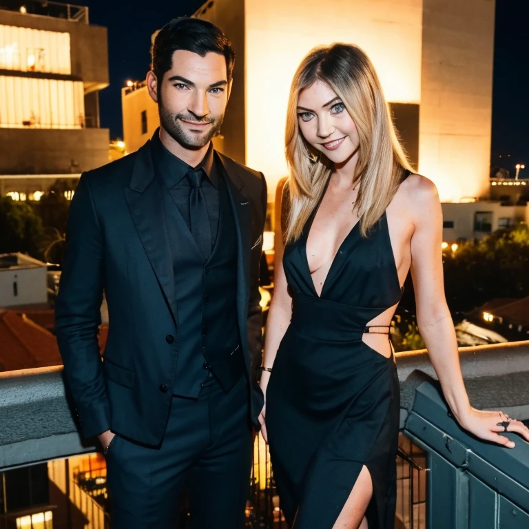 Tom Ellis and Taylor Momsen looking at eachother smiling calmly as they stand at the top of a rooftop building in Los Angeles at night, as they look into each others eyes laying on the rooftop railing. Taylor Momsen is wearing a black revelative dress, as Tom Ellis wears a black suit