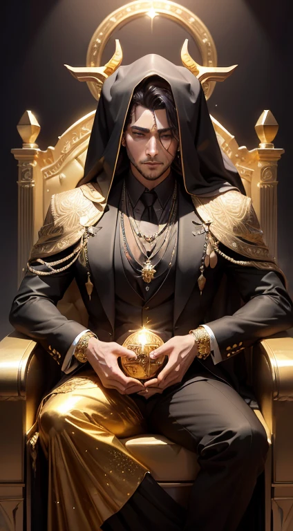 Taurus,A man in a black suit and hat wears gold jewelry all over his body. He lowers his head and cannot see his face, sitting on a golden throne and standing on a pile of gold.,There are gold coins and treasures scattered all around.,The environment is magical,Glittery around