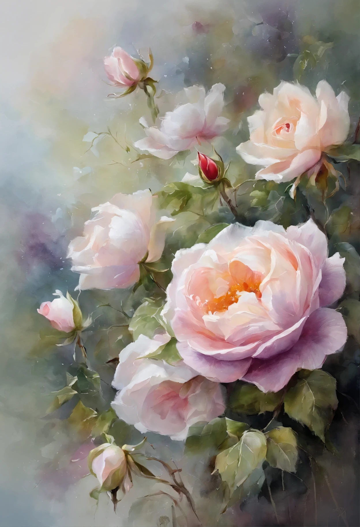 when i close my eyes，My thoughts are gradually immersed in a world of watercolor flowers。on canvas，A delicate pink rose blooms from the bottom，Like the first spring flowers blooming。Its petals are soft and full of life，It&#39;s as if you can feel the charming fragrance with just a touch。

careful observation，You will find that each petal of this rose has subtle color changes。Transition from light pink to deep purple，Just like the sky is gradually dyed with bright sunset glow at dusk。The texture of the petals is lifelike，It&#39;s as if you can feel their softness and fragility。

around the roses，A few small white flowers bloom quietly。Their petals are as white as snow，Fragrant。There is a tiny pearl-like dewdrop in the center of each flower，crystal clear，Exudes a fresh breath。The shape is light and beautiful，As if swaying and dancing in the breeze。

There are some small details on the screen，Like an emerald green vine surrounding a flower，It adds a touch of natural vitality to the whole painting。The vines are covered with tiny, cute purple flowers.，They are like a string of gems，embellishment in the picture，It makes people want to reach out and touch it。

The whole picture is filled with a soft light，As if shrouded in soft mist。This light gives the flowers a mysterious charm，It also makes people feel peaceful and comfortable。i can imagine，In this picture，Floral fragrance，A gentle breeze，As if you are in a fairyland garden。

This watercolor flower scene is stunning，Every stroke and every bit is full of the artist&#39;s praise of the beauty of nature and the display of creativity.。It makes people feel the delicacy of nature and the vitality of life，It&#39;s like you can hear the sound of flowers blooming，Feel the soft touch of the petals。It&#39;s a unique and interesting piece of work，It's intoxicating，Trigger endless reverie and imagination。
