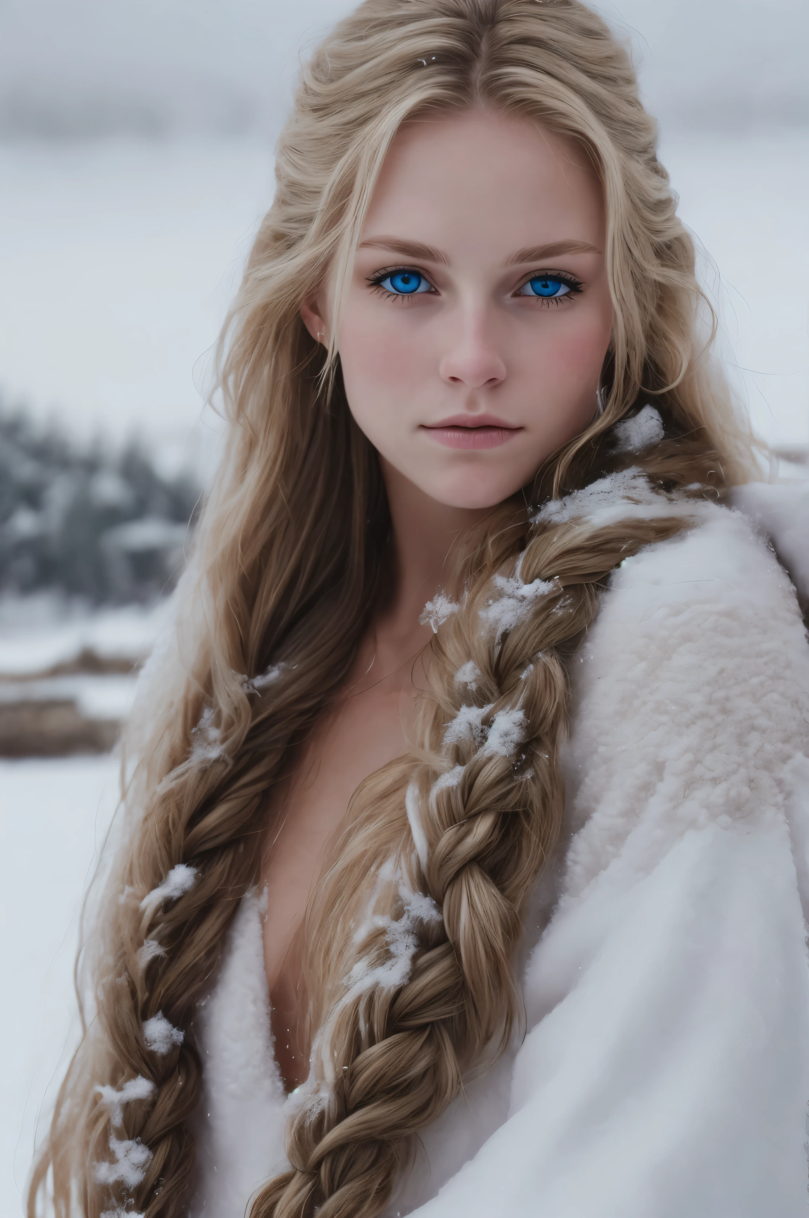 (Realistic:1.2), Analog Photography Style, Scandinavian warrior woman, fantastic snowy setting, braided blonde hair, whole body, Soft natural light, Cute and sexy, Pleasure, detailed face and blue eyes, Great quality, masterpiece, detailed northern background, Quality: 16K, raw photo