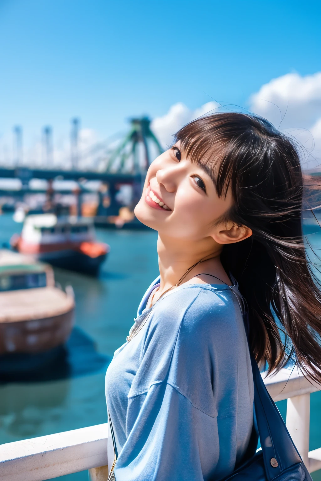 fantasy atmosphere photos、Japanese women in urban fashion、Looking at the sky at the port and smiling、Detailed photo quality