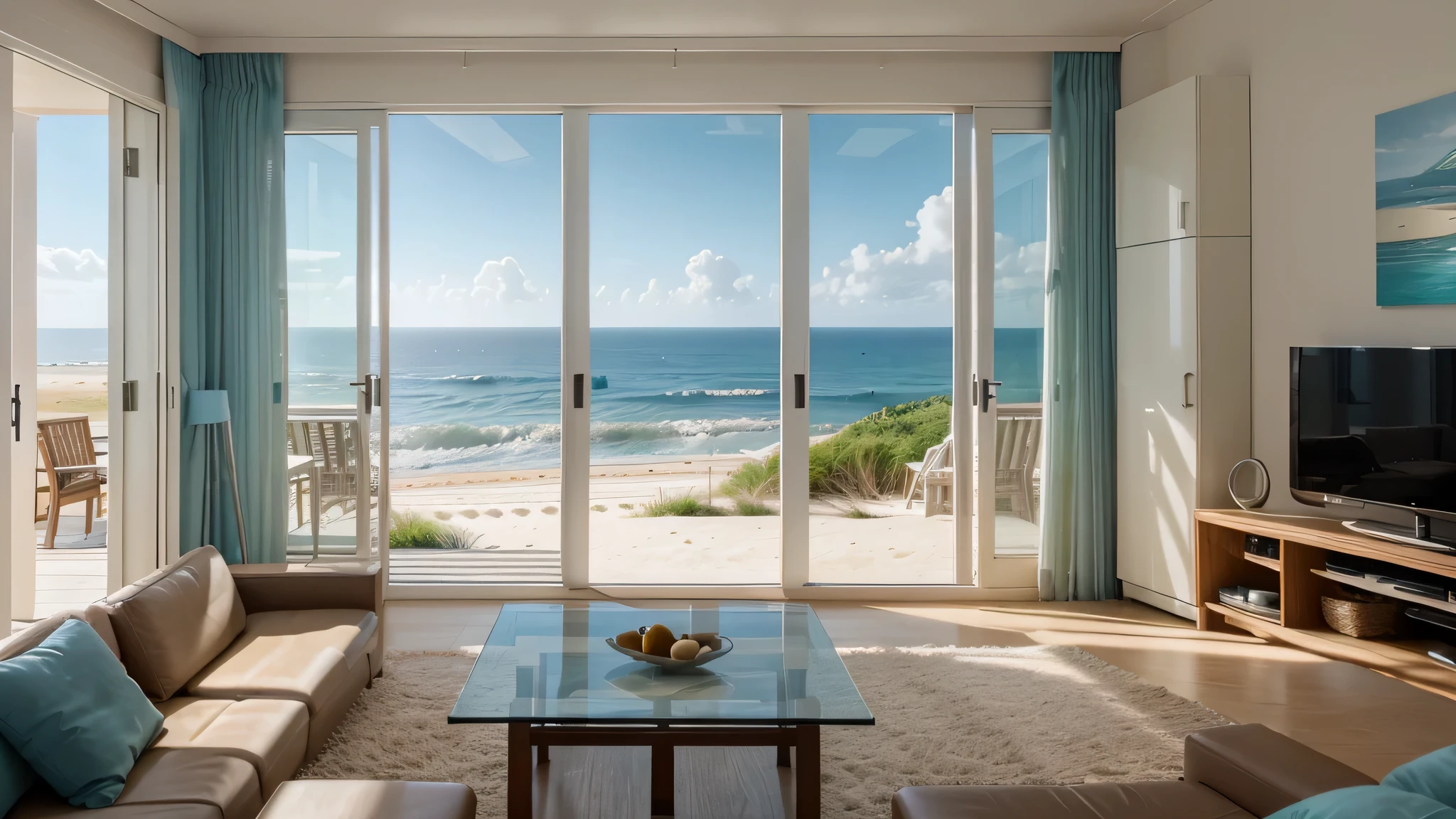 16:9 Full picture, house by the beach with floor to ceiling glass windows, ocean view, ambient lighting living room, Detail enhancement。Realistic lighting、high definition detail、tmasterpiece、The best quality, （Very detailed CG unified 16k wallpaper）, （The best quality）
