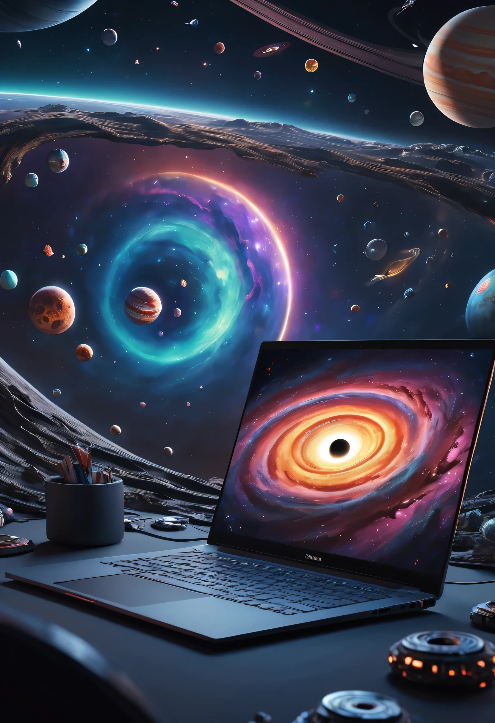 In space, Laptops with very narrow bezels, Black hole vortex on screen sucks in surrounding objects, universe, planet, universe飞船, galaxy, High detail scenes, animation style rendering, High fidelity art style, High detail composition, 3D, 4K, beautiful composition, artistic, Spring vibration, bottom corner, Blurry dream-like illustration, great setup, The art of math, High-fidelity aesthetics, movie scene, movie shot, Theater lighting, Volumetric lighting, super detailed, Very detailed, super detailed, actual, surreal, hyper actual, HD, giant screen, 8K resolution, super resolution, sharp focus, Gorgeous, best quality, masterpiece,