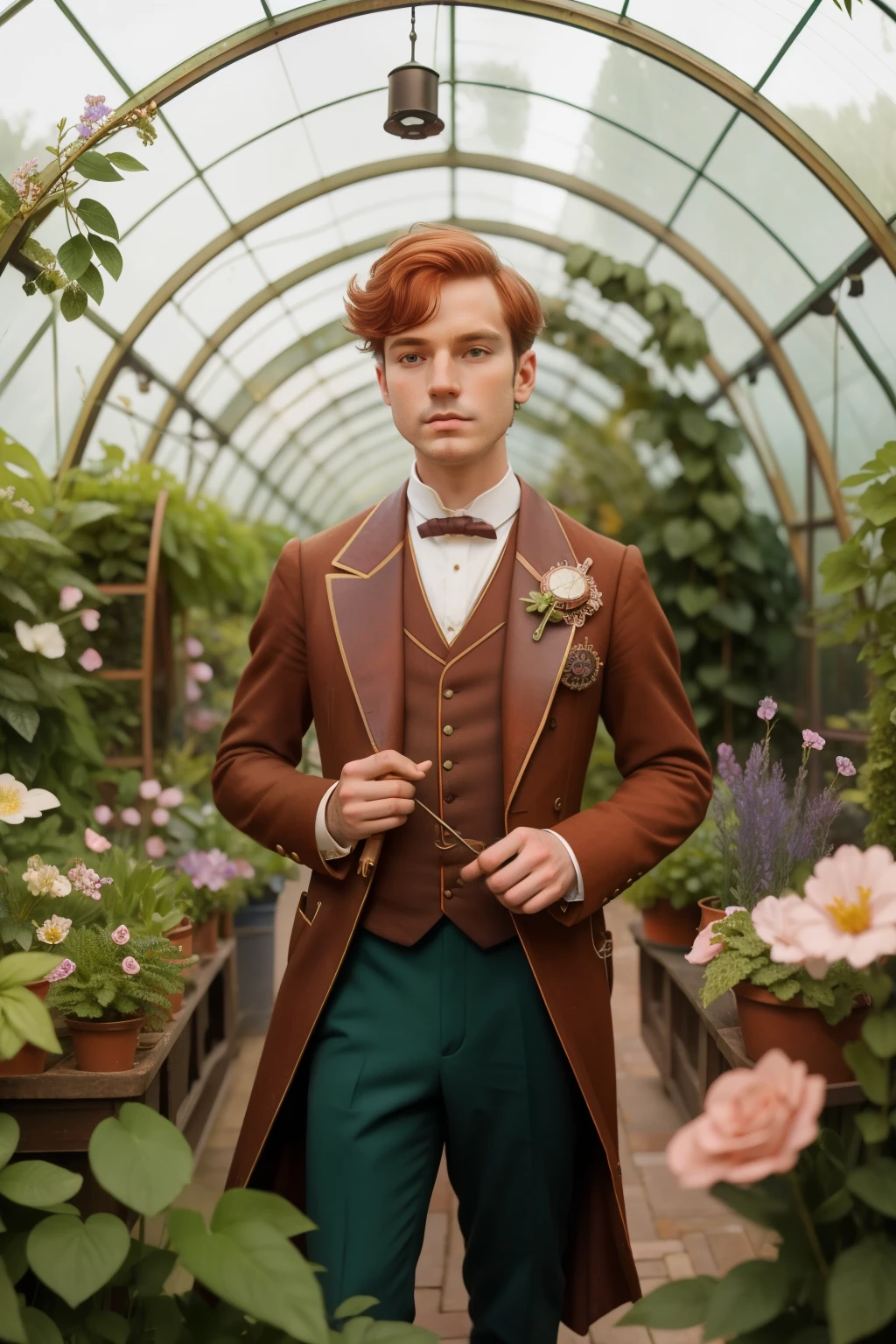 1890s English Clockwork Garden Gala (Location: Victorian Greenhouse)
Character: A ten boy with copper-colored hair, dressed in Victorian attire, stumbles upon a secret clockwork garden gala in a Victorian greenhouse in the 1890s. Flowers bloom with mechanical precision, and enchanted gears create a rhythmic dance. Wes Anderson's steampunk palette transforms the greenhouse into a whimsical timepiece.