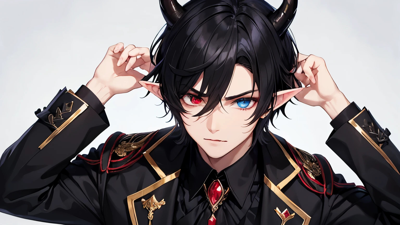 black hair, handsome boy , elf ear, dracula black suit, earings, heterochromia, evil horned, middle part hair