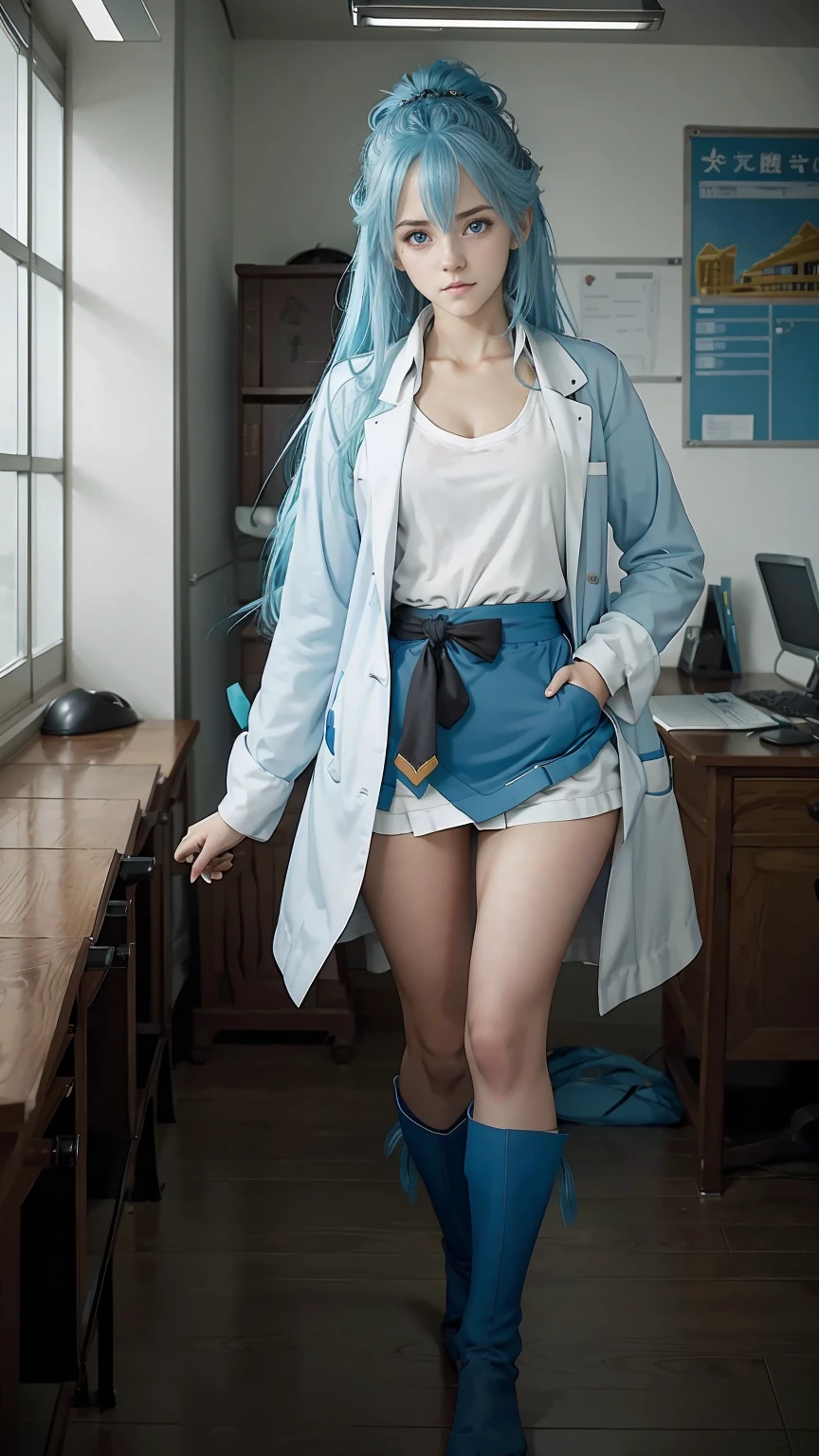 Masterpiece, best quality, High quality, height, 1 girl, alone, water (Konosuba), blue hair, long hair, blue eyes, white shirt ,Long gown, black office skirt, thigh high, full body, stand, hands in pocket, bored, depth of field, laboratory,