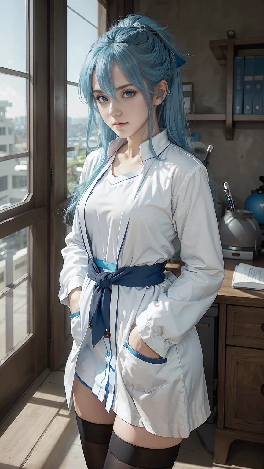 masterpiece, 最high quality, high quality, High resolution, 1 girl, alone, aqua (KonoSuba), blue hair, long hair, blue eyes, white shirt ,long labcoat, black office skirt, Thighhighs, whole body, Are standing, put one's hand in one's pocket, was bored, Depth of bounds written, Research room,
