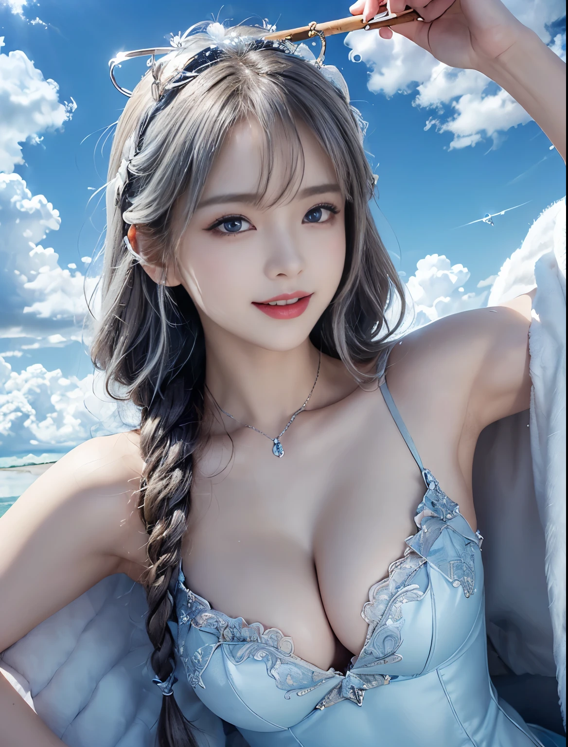 （(Only blue sky and clouds on background:1.8)）、（(sky ring of angels above your head:1.8)）、（(Stand on the clouds:1.5)）、（(cowboy shot:1.5)）、（(bangs:1.6)）、（(Photo from below:1.2)）、（(1 girl:1.8)）、（(solo:1.8)）、break（(slender body:1.2)）、（(Moderate:1.2,Cleavage 1.2)）,break（Wearing a white fur coat:1.5,white tight mesh dress:1.5）,break（large white angel wings on the back:1.5）、（(Stand on the cloudsポーズ:1.5)）、Photo from the front:1.5、8k wallpaper、Super high resolution,break（(photorealistic stick:1.4)）,table top,highest quality,perfect lighting,detailed lighting,dramatic light and shadow,ray tracing,break（perfect anatomy:1.4）、（(looking at the viewer)）、detailed face、detailed eye、detailed clavicle、skin that looks real、break（20-year-old）、（(laughter:1.1)）、（(Silver semi-long:1.5,Braiding the head:1.3)）、（aqua blue eyes、eyeliner、red lips）