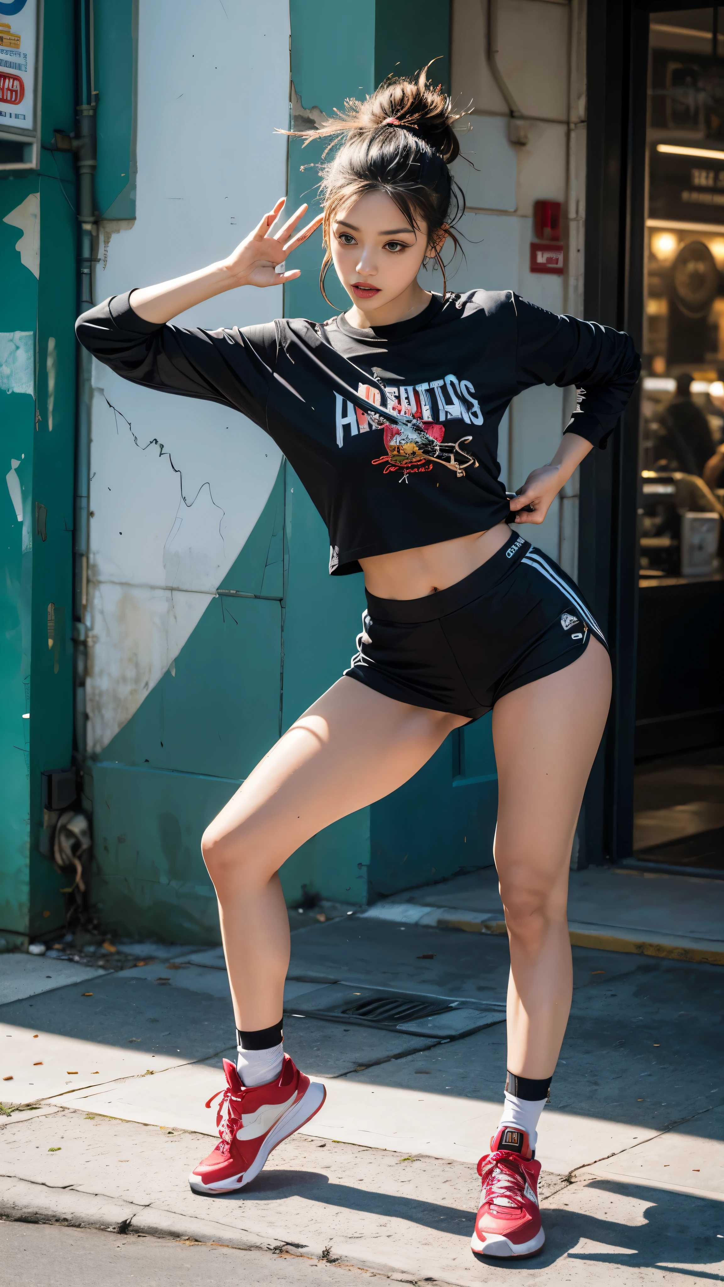 A vibrant image of a hip hop dancer performing on a street, capturing the essence of street-style hip hop. The dancer should be in a dynamic pose, showcasing fluid and powerful dance moves. The background should be an urban street scene, with graffiti, street art, and urban architecture, emphasizing the grassroots and authentic nature of street hip hop.