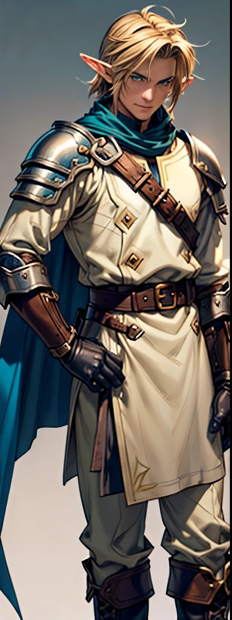 high detailed half-elf male, elf, brown_hair messy_hair smiling_face, green_eyes, scar_across_eye, pointed_ears, tan, armor breastplate blue_cape, leather_gloves, belt, belt_pounch, sheath, paladin knight, simple_background, male_focus cowboy_shot solo, final fantasy tactics, jrpg, demacia, vox machina style,link,mature,knight,strong,warrior,royal,uniform,detailed,shaded, beautiful,king, (knee-high boots),(character design),sexy,