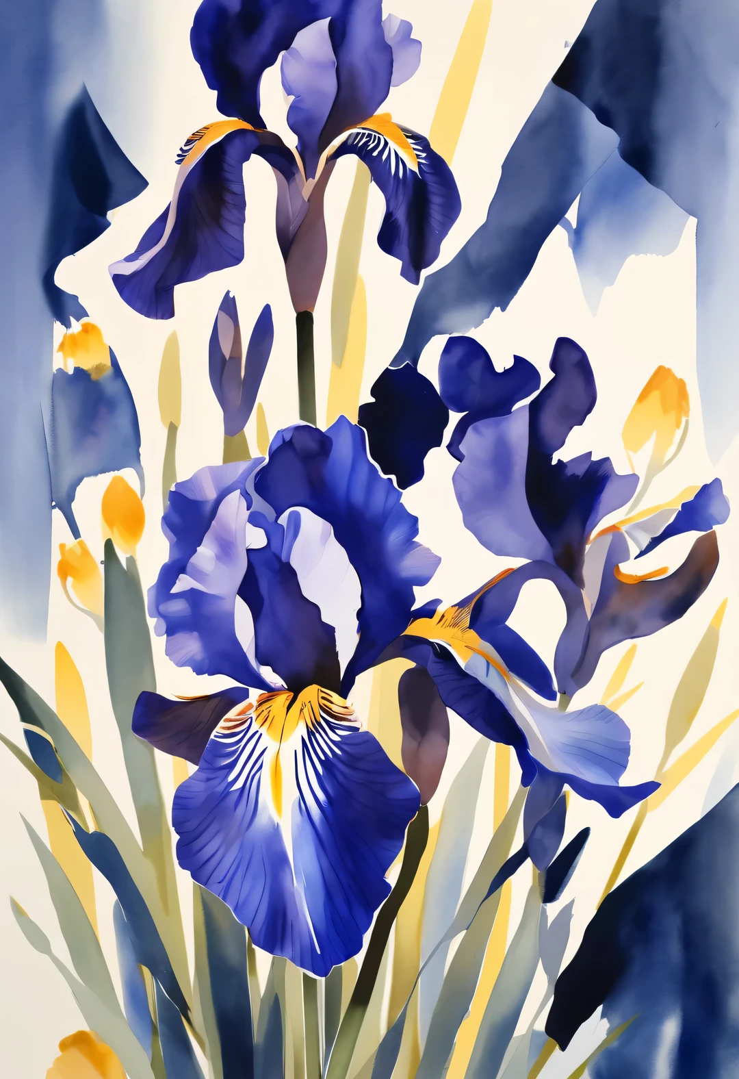 watercolor painting, beautiful iris flower, dark blue background, Works by Sydney illustrator Seth Daniels, movie poster, Bold graphic design elements, close up, Decorative Arts,,