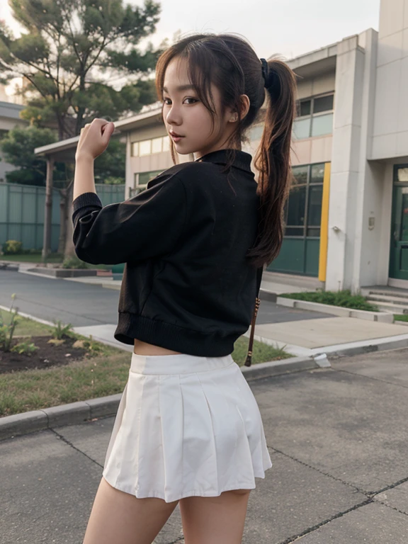 Korean School girl, 18 years old, petite, slim, ponytail, photorealistic, full body, scantily dressed, hottest girl in school, missionary pov