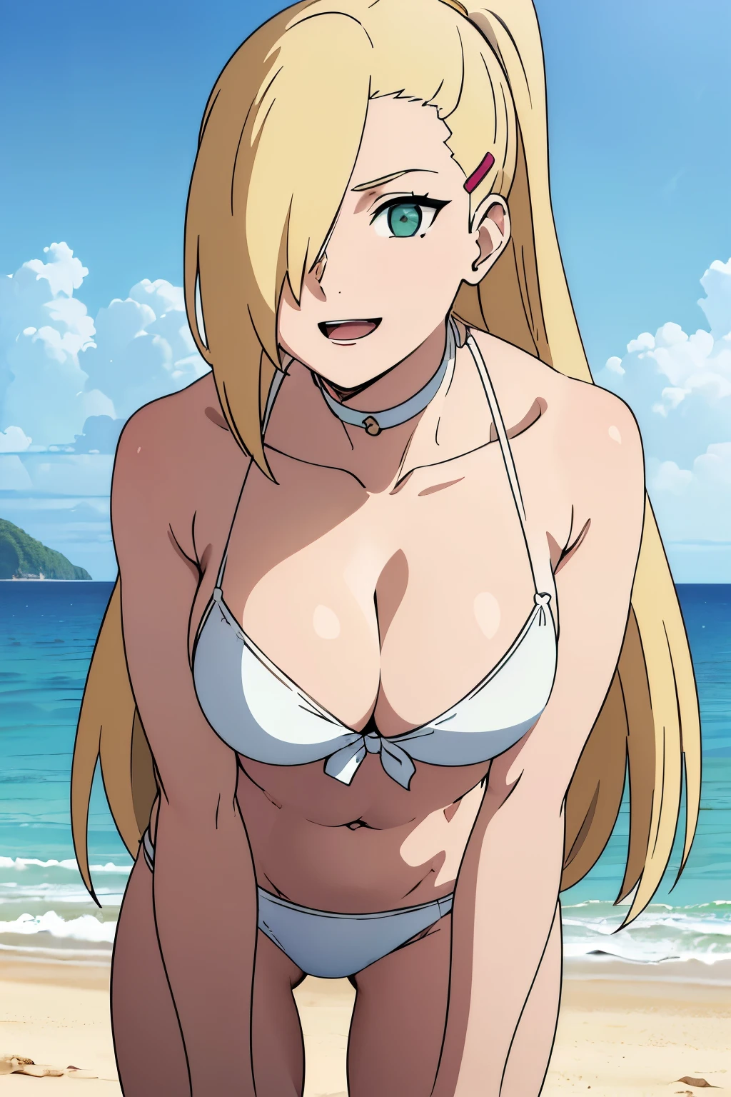 from side, simple bikini, (standing), (leaning forward while hands on knees), Ino yamanaka, looking at the viewer, ultra detailed face, sunny day, day time, anime style, solo, (white bikini), detailed beach side, cleavage, (medium breastlonde, ((one eye covered with hair, hair over eye)), looking at the viewer, thick arms, (off-shoulders, wide shoulders, very little biceps), hidden eye, smile, open mouth, very happy, tall, hair clip, happy look, sharp face, sharp eye, long neck, groin, belly button, cold colors, double bra, thighs, (ultra detailed green eye)
