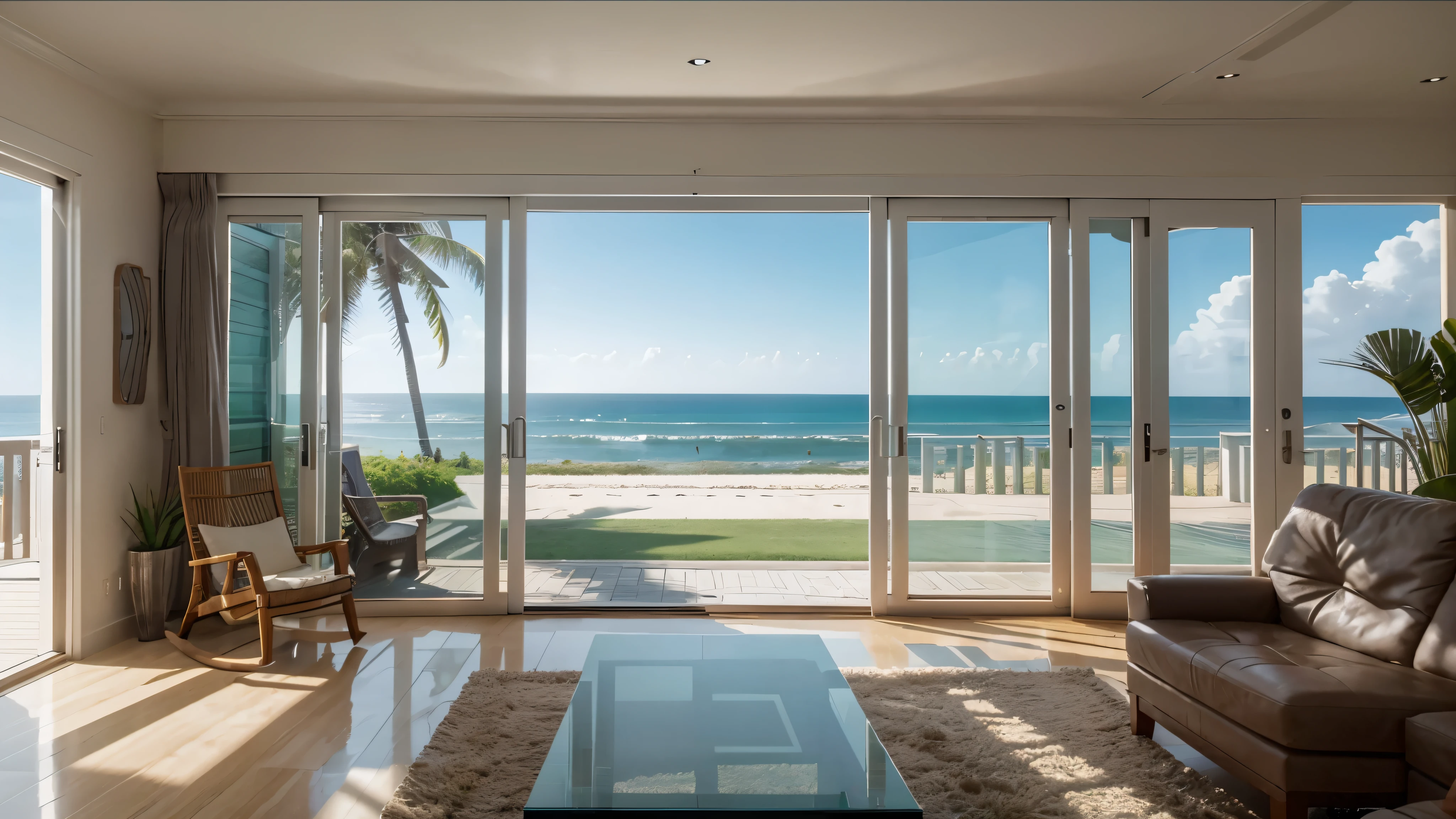 16:9 Full picture, house by the beach with floor to ceiling glass windows, ocean view, ambient lighting living room, Detail enhancement。Realistic lighting、high definition detail、tmasterpiece、The best quality, (Very detailed CG unified 16k wallpaper), (The best quality)
