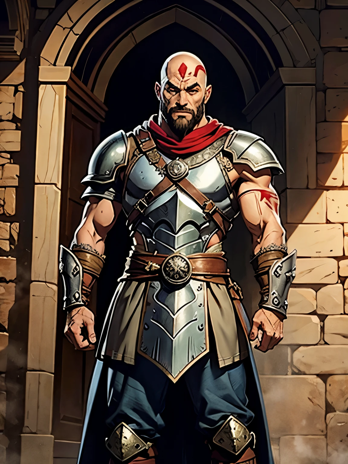 sharpened man with a red face and a sword in his hand, robust and attractive male with armor, muscular male hero, portrait of kratos, male warrior, digital character painting, muscular character, gladiator wearing space suit, roman gladiator, inspired by Volkan Baga, super realistic painting style, portrait of a male warrior, pintura digital rossdraws
