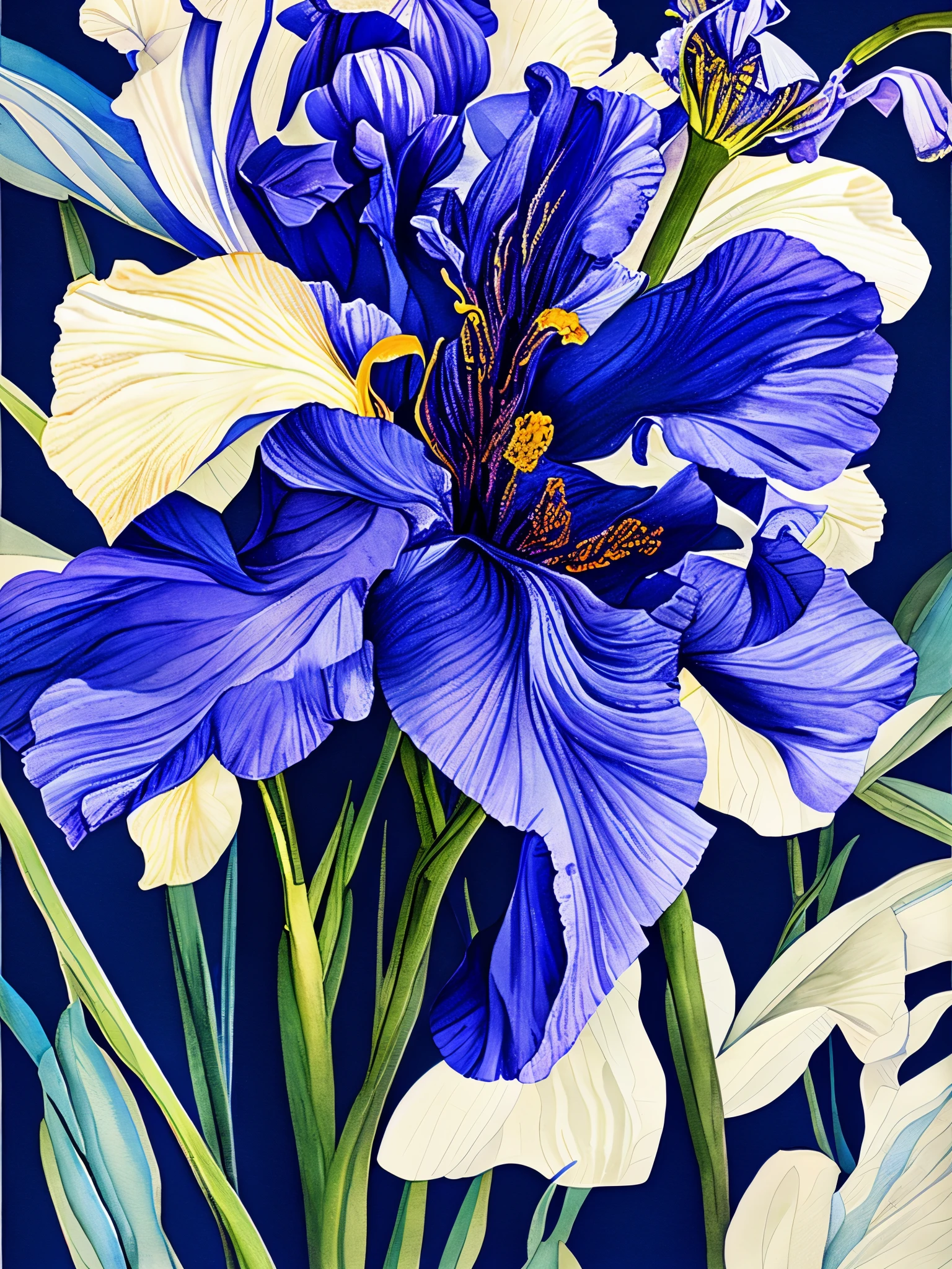 Watercolor painting, beautiful iris flowers, dark blue background, works by Sydney illustrator Seth Daniels, movie poster, bold graphic design elements, close-up, decorative art,,