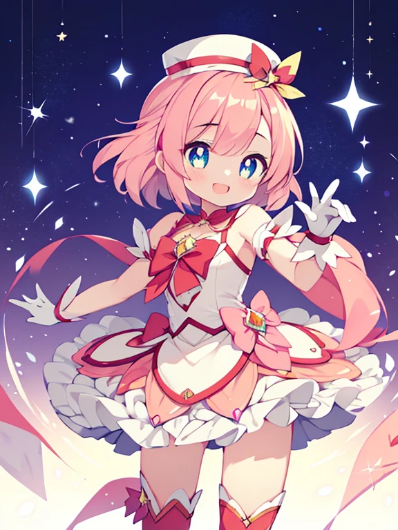 (1girl in:1.2), (Solo:1.2), masutepiece, nffsw、Shaders、Brilliant Textured Work、Ultra-detailed eyes、ultra-intricate pupil in eyes、top-quality、Kirby Wind、Pink hair、Lori、小柄、Gamine、Star Elements、Pink costume、magical girl costume、Star Hat、Magical Girl Gloves、Magical Girl Boots、Active Pose、Standing Picture、Mini character style、GameCG、Cheerful smile、