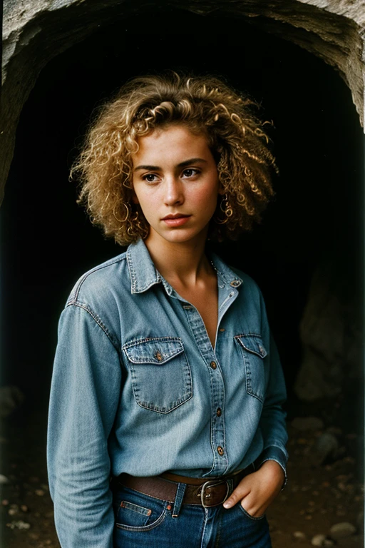photograph of a woman never existed, (troubled facial expression), textured skin, goosebumps, blonde afro hair, plaid flannel shirt with distressed boyfriend jeans, cowboy shot, dark and mysterious cave with unique rock formations and hidden wonders, perfect eyes, (candlelight,chiaroscuro), Porta 160 color, shot on ARRI ALEXA 65, bokeh, sharp focus on subject, shot by Don McCullin,