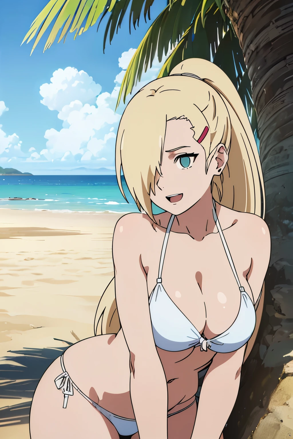 from side, simple bikini, (standing), (leaning forward while hands on knees), Ino yamanaka, looking at the viewer, ultra detailed face, sunny day, day time, anime style, solo, (white bikini), detailed beach side, cleavage, (medium breastlonde, ((one eye covered with hair, hair over eye)), looking at the viewer, thick arms, (off-shoulders, wide shoulders, very little biceps), hidden eye, smile, open mouth, very happy, tall, hair clip, happy look, sharp face, sharp eye, long neck, groin, belly button, cold colors, double bra, thighs, (ultra detailed green eye)
