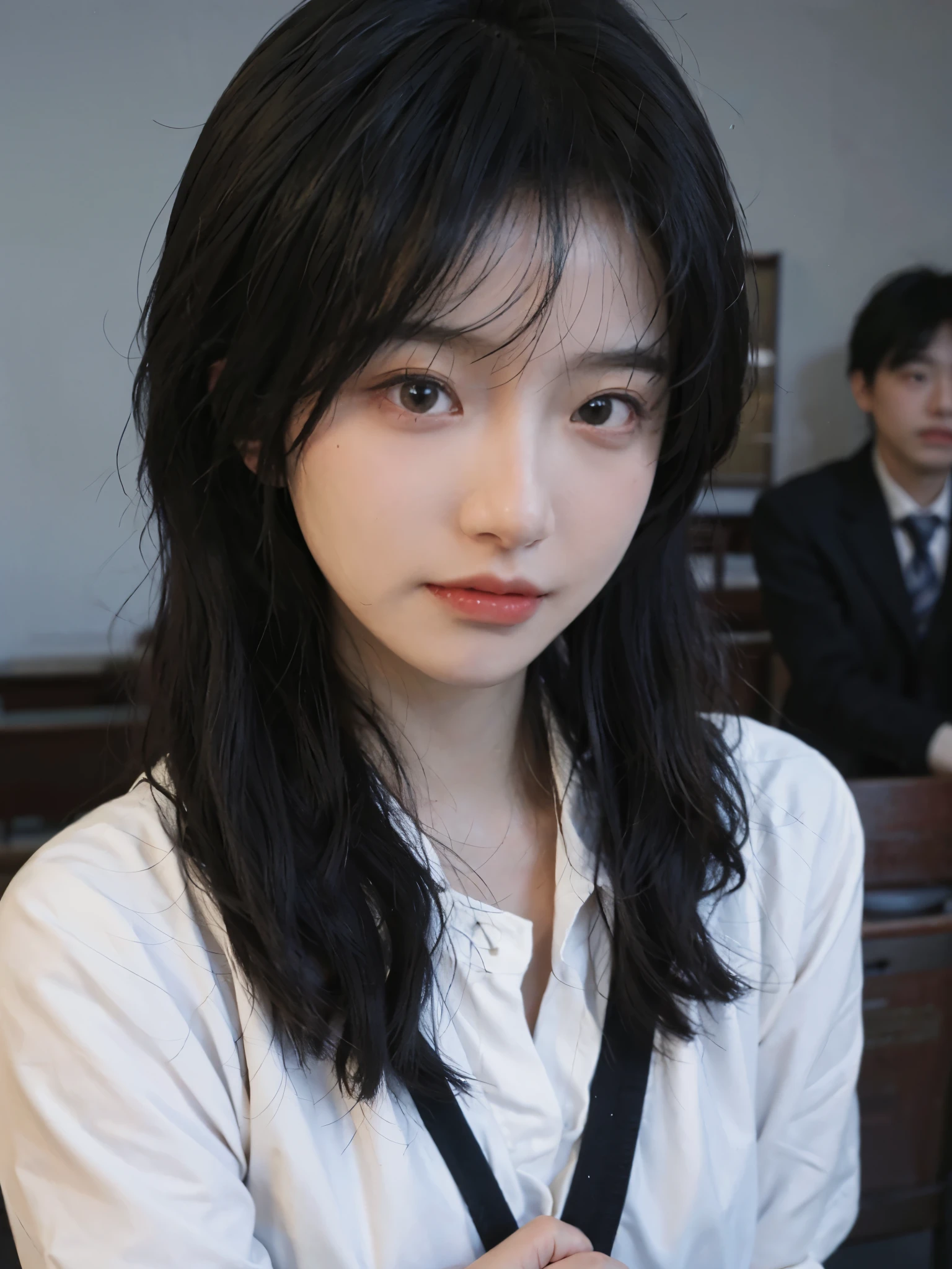 best quality, ultra high resolution, (realistically:1.4), a girl,long hair, A pair of clear and moving eyes,Royal sister,wearing black,Snow-white school uniform, (Big breasts:1.2), looking at the audience, close up ,