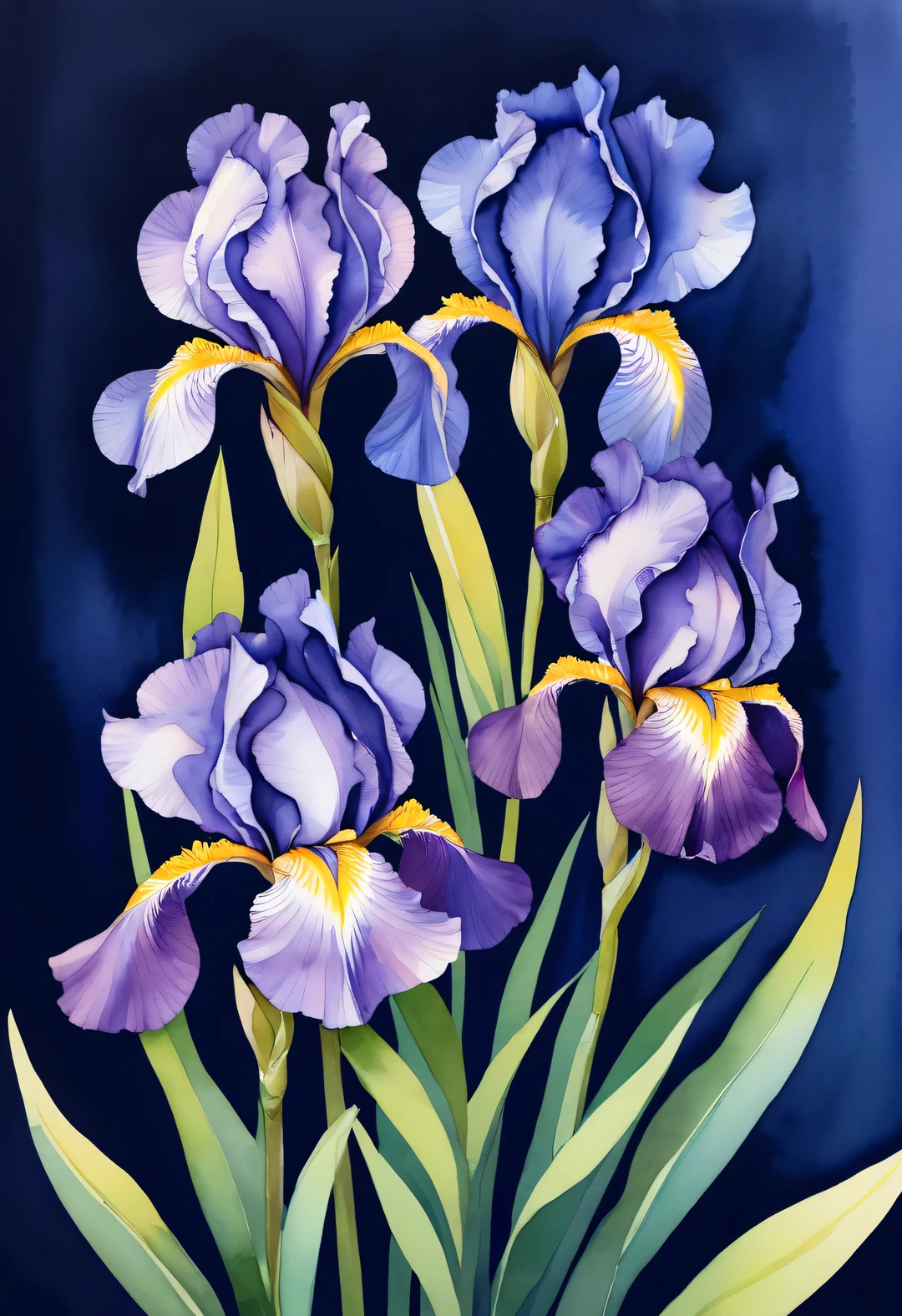 watercolor painting, beautiful iris flower, dark blue background, Works by Sydney illustrator Seth Daniels, movie poster, Bold graphic design elements, close up, Decorative Arts,,