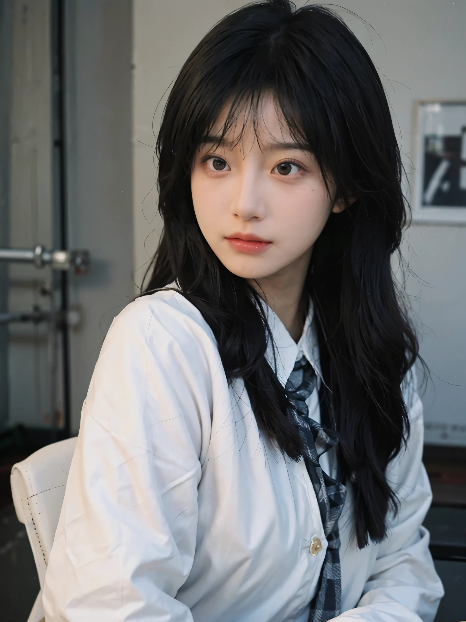 best quality, ultra high resolution, (realistically:1.4), a girl,long hair, A pair of clear and moving eyes,Royal sister,wearing black,Snow-white school uniform, (Big breasts:1.2), looking at the audience, close up ,