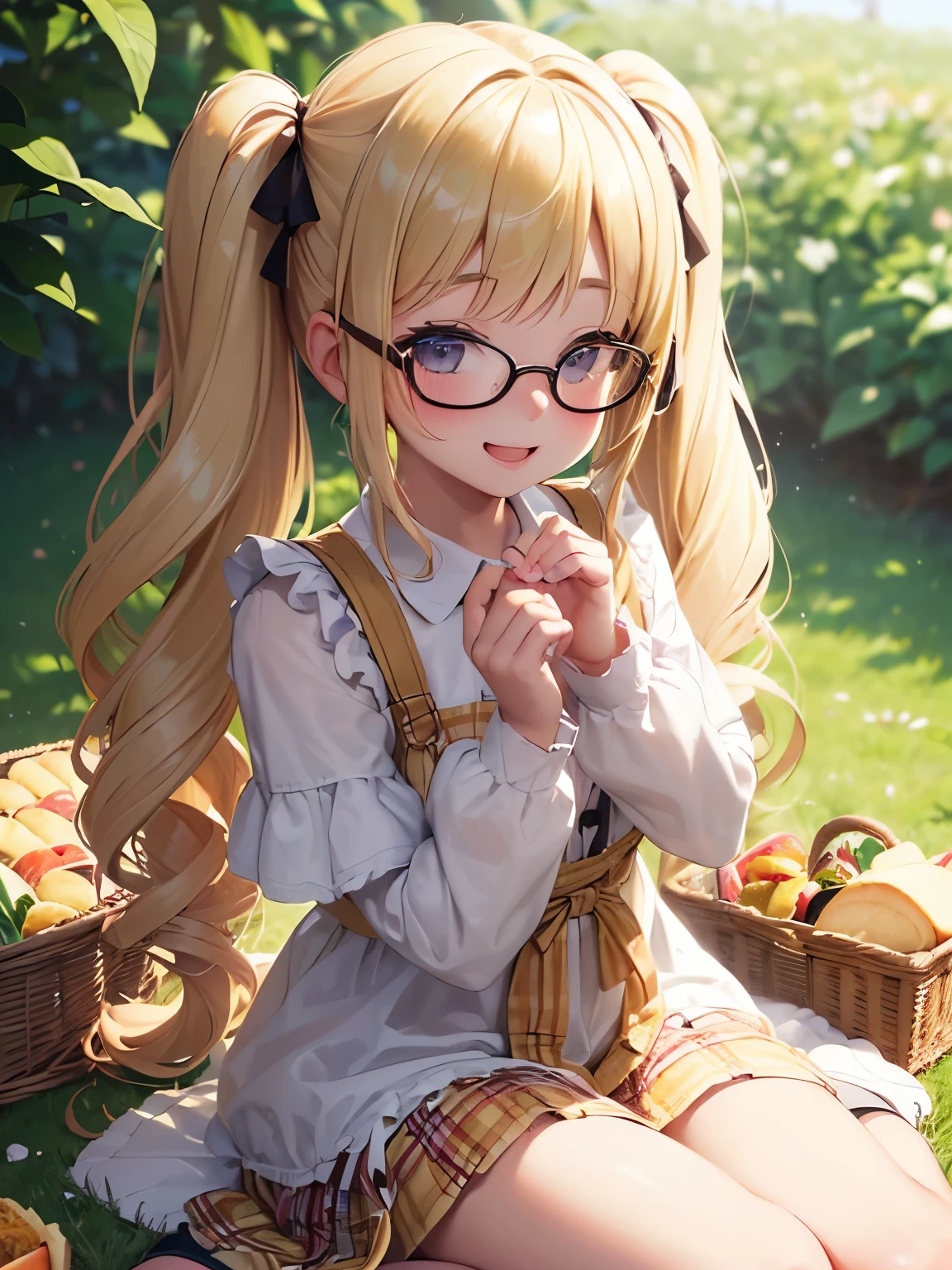 (best quality, muste piece), 1 girl, dappled sunlight, grassland, of glasses, embarrassed, (((1 baby girl))), (((5-year-old girl))), (Goosebumps:0.7), pretty face, (eyeliner, Lipstick:0.9), In 4K, 8K, ticker, ticker, detailed background,,(((With blonde twin tails))),,,(((picnic))),(((hand out the sandwich to the viewer))),(((stuff one's cheeks))),(((Looks fun))),(((smile))),(((Angle from the front))),(((blush))),(((Cute voice))),,((())),,(((NSFW))),(((cute pose))),
