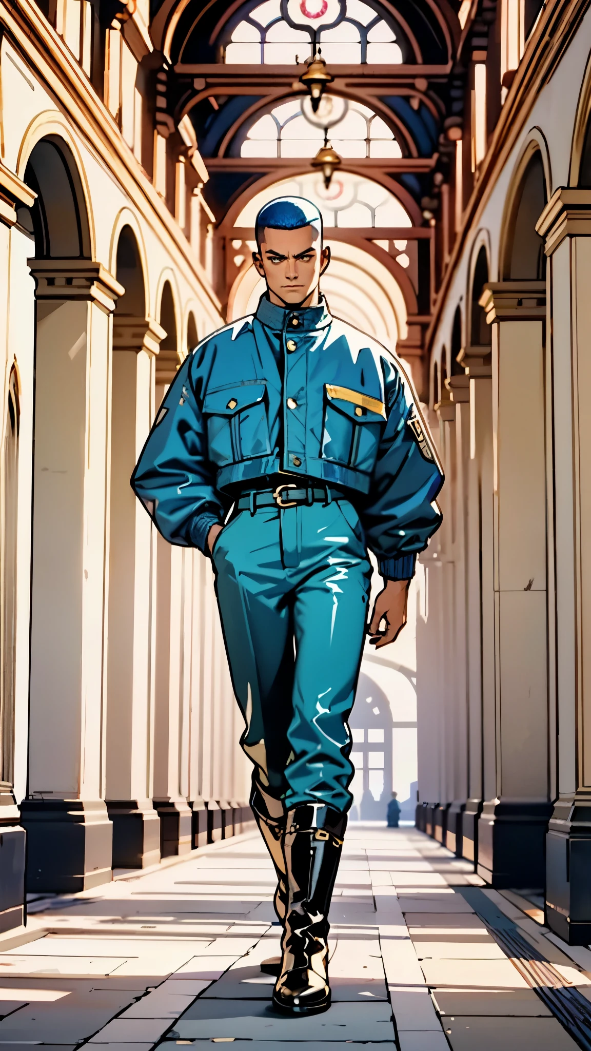 At this moment, the door to the dressing room suddenly opened. Right at the door, a dark-skinned man walked in, wearing a blue police suit with custom-made black pants. Notice closely behind his belt is attached a black gun. Looking more closely, he has a smooth, shiny black hair, with delicate five senses and a good-looking face, a small scar next to his lips as the highlight to end it all. Even though it was obscured, it could still be determined through that large arm, his body was definitely extremely beautiful. He is about 1.8m tall, combining his body and face with a tight-fitting uniform is even more attractive, sexy, muscular, military uniform, 1 boy, solo