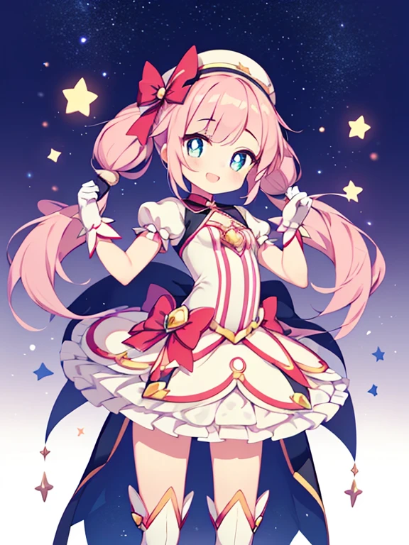 (1girl in:1.2), (Solo:1.2), masutepiece, nffsw、Shaders、Brilliant Textured Work、Ultra-detailed eyes、ultra-intricate pupil in eyes、top-quality、Kirby Wind、Pink hair、Lori、小柄、Gamine、Star Elements、Pink costume、magical girl costume、Star Hat、Magical Girl Gloves、Magical Girl Boots、Active Pose、Standing Picture、Mini character style、GameCG、from back, fighting against monster