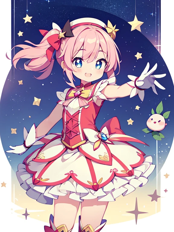 (1girl in:1.2), (Solo:1.2), masutepiece, nffsw、Shaders、Brilliant Textured Work、Ultra-detailed eyes、ultra-intricate pupil in eyes、top-quality、Kirby Wind、Pink hair、Lori、小柄、Gamine、Star Elements、Pink costume、magical girl costume、Star Hat、Magical Girl Gloves、Magical Girl Boots、Active Pose、Standing Picture、Mini character style、GameCG、Cheerful smile、