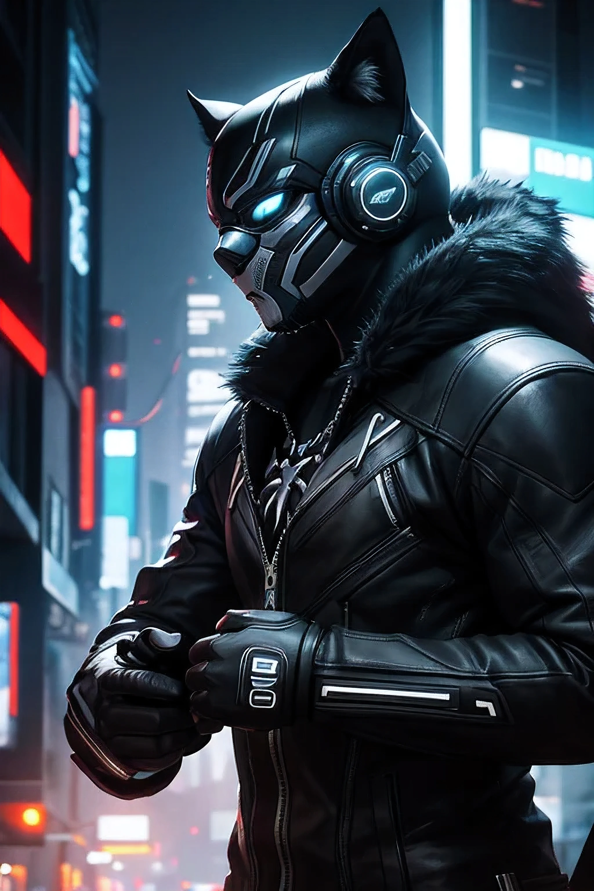 A futuristic and technologically sharp description of a black panther in a neon cyberpunk environment. The black panther features a sleek pair of sunglasses and is adorned with headphones, presenting a mesmerizing combination of the natural and the artificial. This high-quality image, reminiscent of a digital painting, showcases the vibrant and vivid colors often associated with the cyberpunk genre. The panther's fur glows in glowing shades of black and gray, reflecting the electrifying energy of its surroundings. The attention to detail is excellent, capturing every strand of fur and reflecting the intricate patterns on the sunglasses. The image skillfully blends the magic of Primate with the extremes of cyberpunk aesthetics, mesmerizing viewers with its artistic brilliance, hyper-realistic textures, natural textures, elegant, super-detailed, photo-realistic, ultra-realistic, intricate details, cinematic, environment blocking , volumetric lighting, shot on Sony A7S III, f/ 9. 0, 1/ 500, sharp focus 64k desaturated, masterpiece, desaturated.