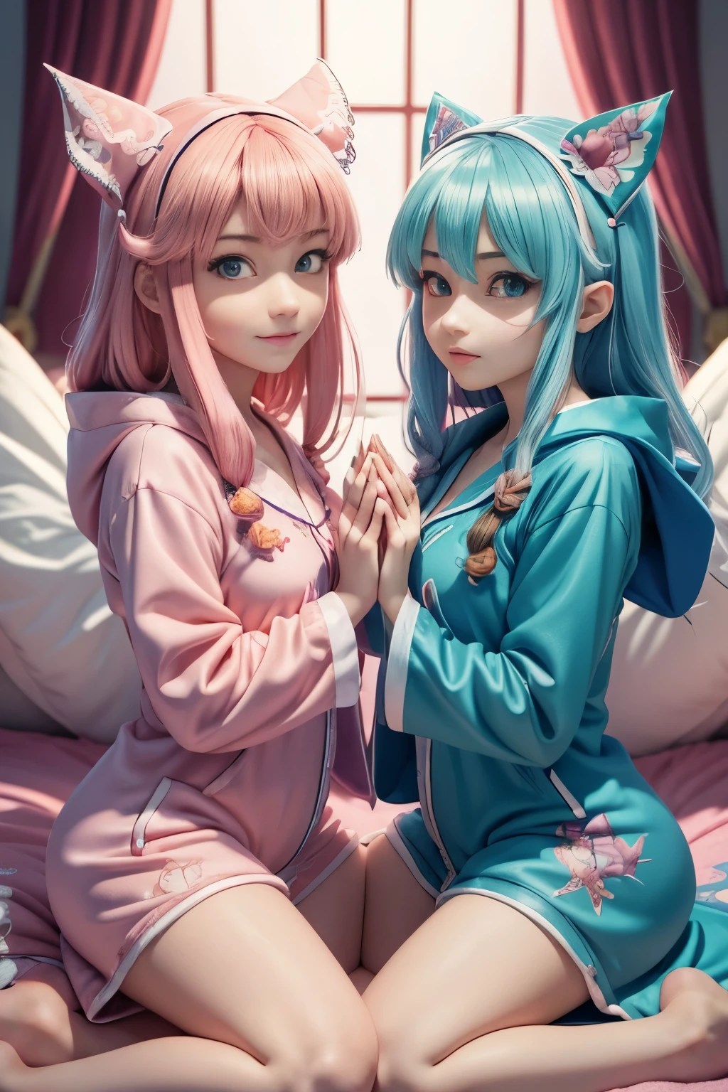 (3D anime style), two girls in a pajama  wearing dragon hood onesie pajama, vibrant colors, girly room, soft pastels, beautiful 3D illustration by MSchiffer, intricately detailed, focus on face, detailed face, sharp image, (touhou proyect merged with rozen maiden), (((cel-shaded))), ((cel shading)), ink contours,

