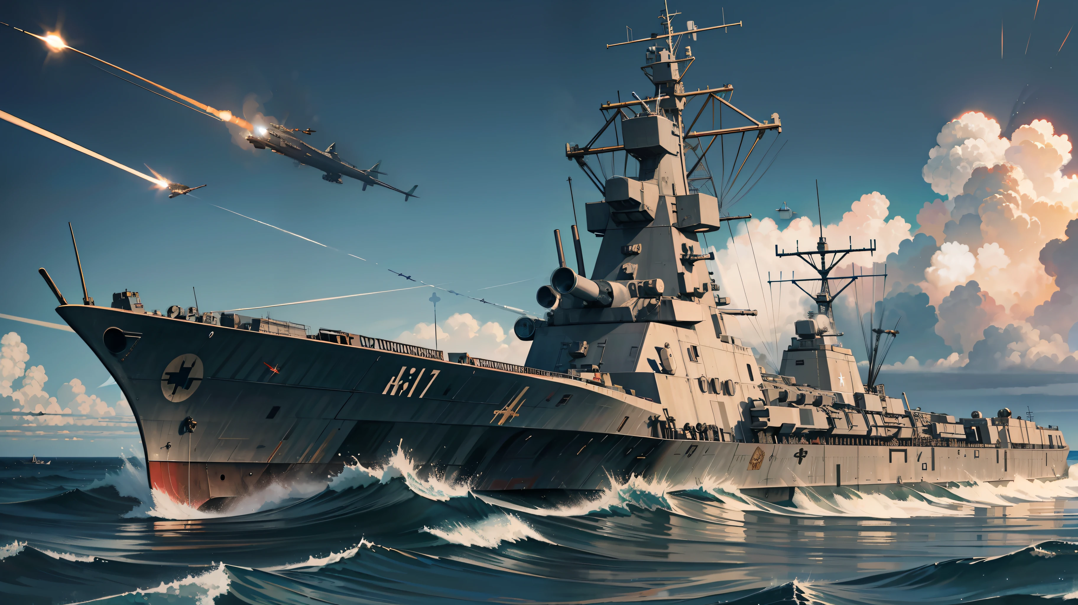 Realistic Detail,War Movie Scenes,Movie Perspective,(Science Fiction:1.8),No People,Ocean,War,Ballistic Missiles,(Modern Warships),(Modern Fighters),Missile Launcher,Bomb Warships,Bomb Realism