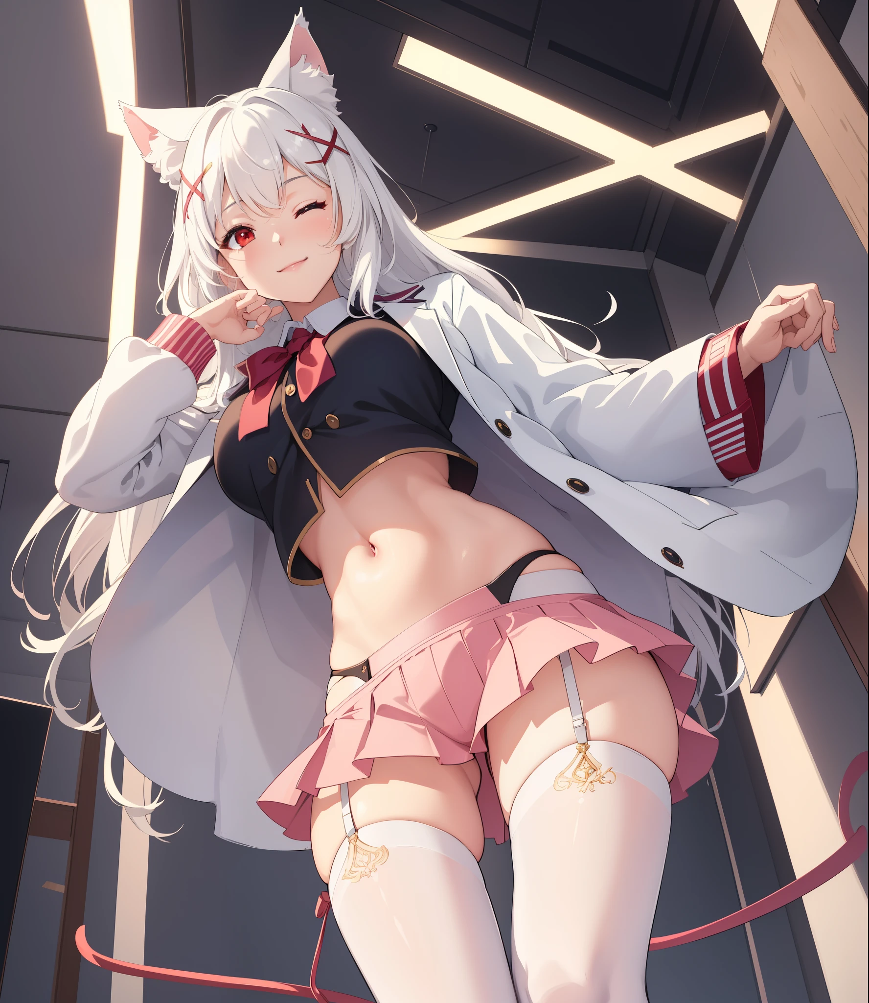 (extremely detailed CG unity 8k wallpaper), (((masterpiece))), (((best quality))), ((ultra-detailed)), (((illustration))), (best shadow), ((an extremely delicate and beautiful)), (detailed light), (well designed face), amazing face, (super detailed), cinematic shot, beautiful detailed eyes, detailed background, 1girl, ((white hair)), ((red eyes)), ((cat ears)), firts rate breasts, first rate female bodies, long hair, x hair ornament, school uniform, pink panties, ((midriff)), ((navel)), upper body, jacket, open jacket, interior design, classroom, spread navel, bewitching thighs, smile, one eye closed, hand on own chest, garter belt, stocking, ((from below)),