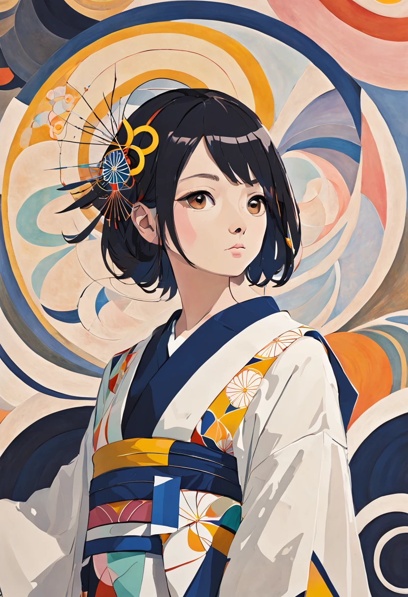 ((Poster featuring 1 Japanese woman)), Close-up , Official art, Unity 8k Wallpaper, ultra detailed, beautiful and aesthetically pleasing, masterpiece, Best quality, Realistic, zenconfuse, mandala, confuse, enconfuse, fractal art, extremely detailed, Dynamic angle, the most beautiful form of chaos, elegant, brutalist developed, bright colors, romanticism, Silk, Hiroshi Yoshida Italo Calvino Hilma af Klint