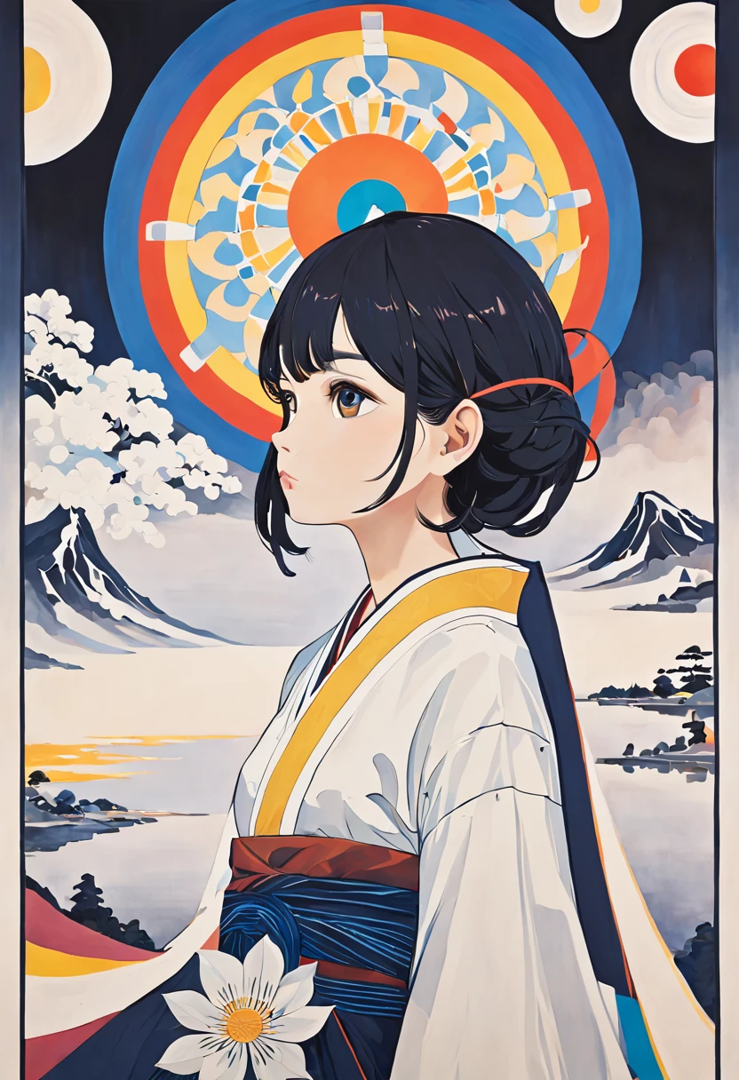 ((Poster featuring 1 Japanese woman)), Close-up , Official art, Unity 8k Wallpaper, ultra detailed, beautiful and aesthetically pleasing, masterpiece, Best quality, Realistic, zenconfuse, mandala, confuse, enconfuse, fractal art, extremely detailed, Dynamic angle, the most beautiful form of chaos, elegant, brutalist developed, bright colors, romanticism, Silk, Hiroshi Yoshida Italo Calvino Hilma af Klint